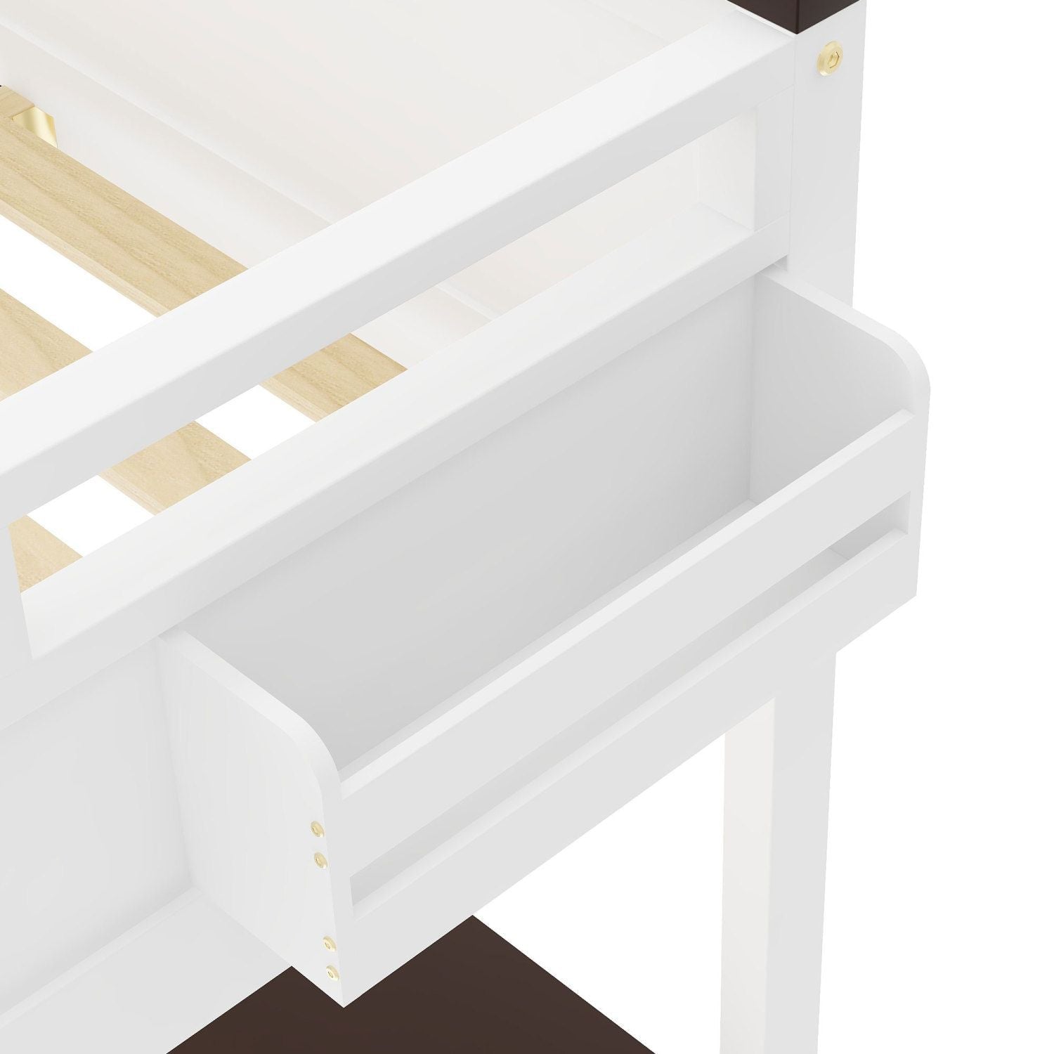 Queen Size Wood Loft Bed with Desk, Storage Box, USB Charging Station, White | Just Better Bunk Beds