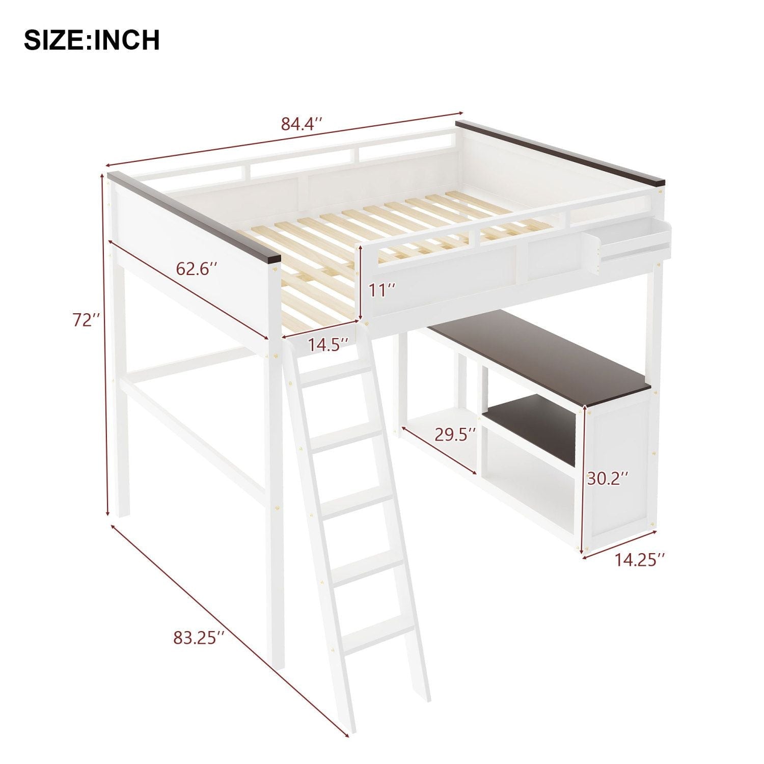 Queen Size Wood Loft Bed with Desk, Storage Box, USB Charging Station, White | Just Better Bunk Beds
