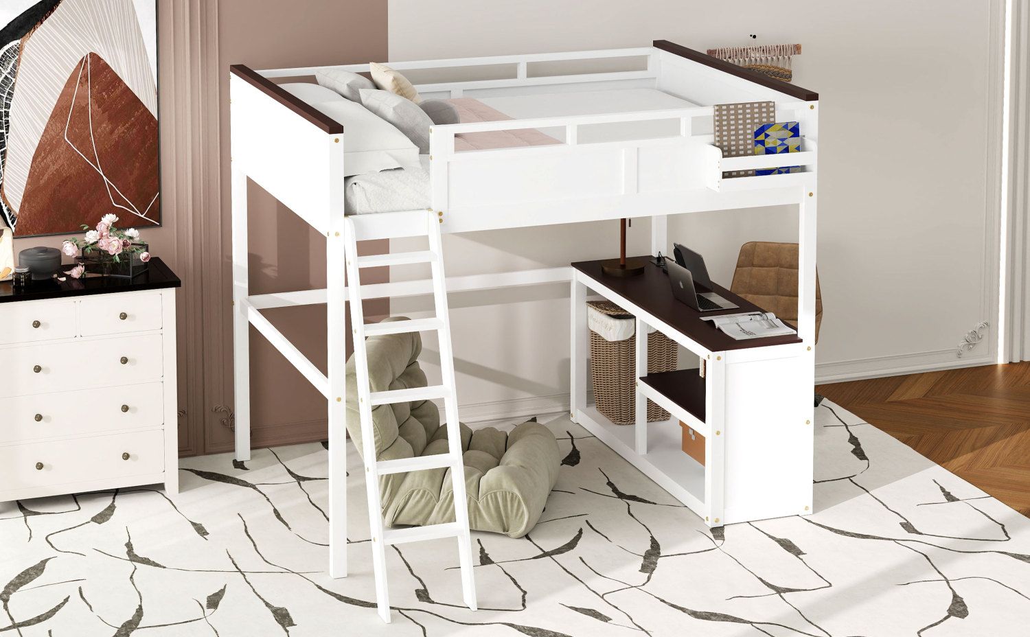 Queen Size Wood Loft Bed with Desk, Storage Box, USB Charging Station, White | Just Better Bunk Beds