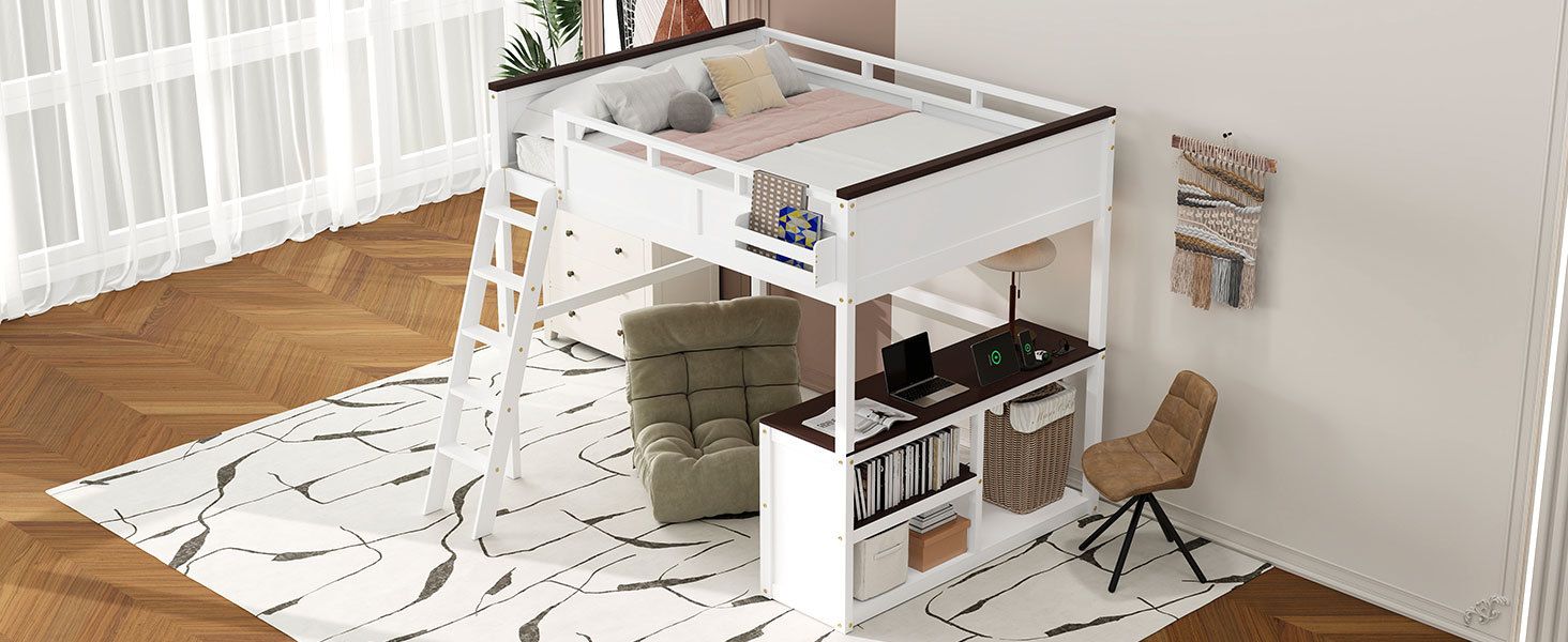 Queen Size Wood Loft Bed with Desk, Storage Box, USB Charging Station, White | Just Better Bunk Beds