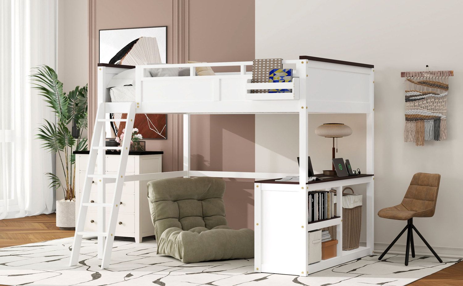 Queen Size Wood Loft Bed with Desk, Storage Box, USB Charging Station, White | Just Better Bunk Beds
