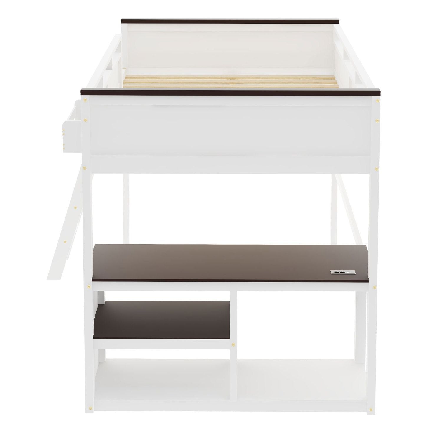 Queen Size Wood Loft Bed with Desk, Storage Box, USB Charging Station, White | Just Better Bunk Beds