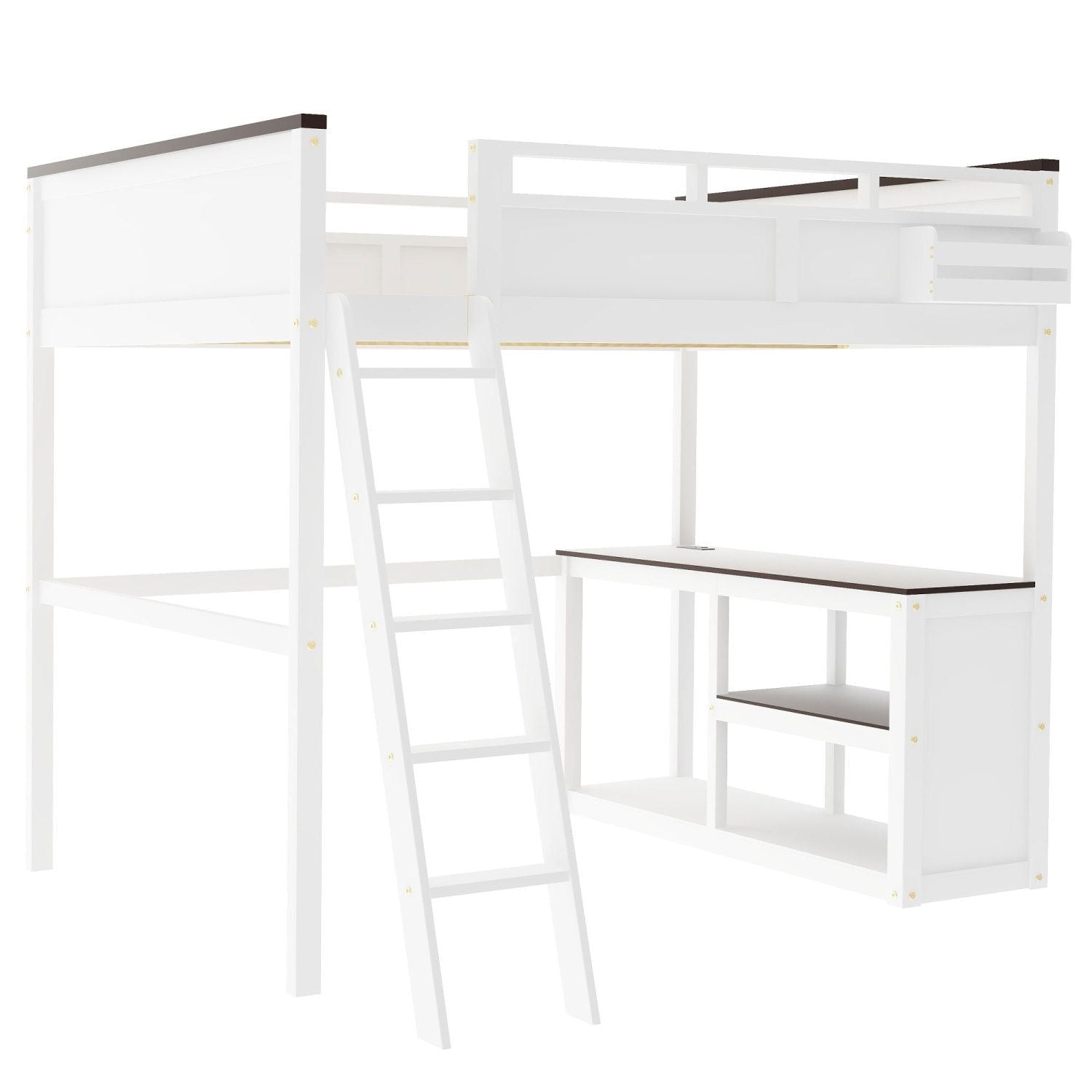 Queen Size Wood Loft Bed with Desk, Storage Box, USB Charging Station, White | Just Better Bunk Beds