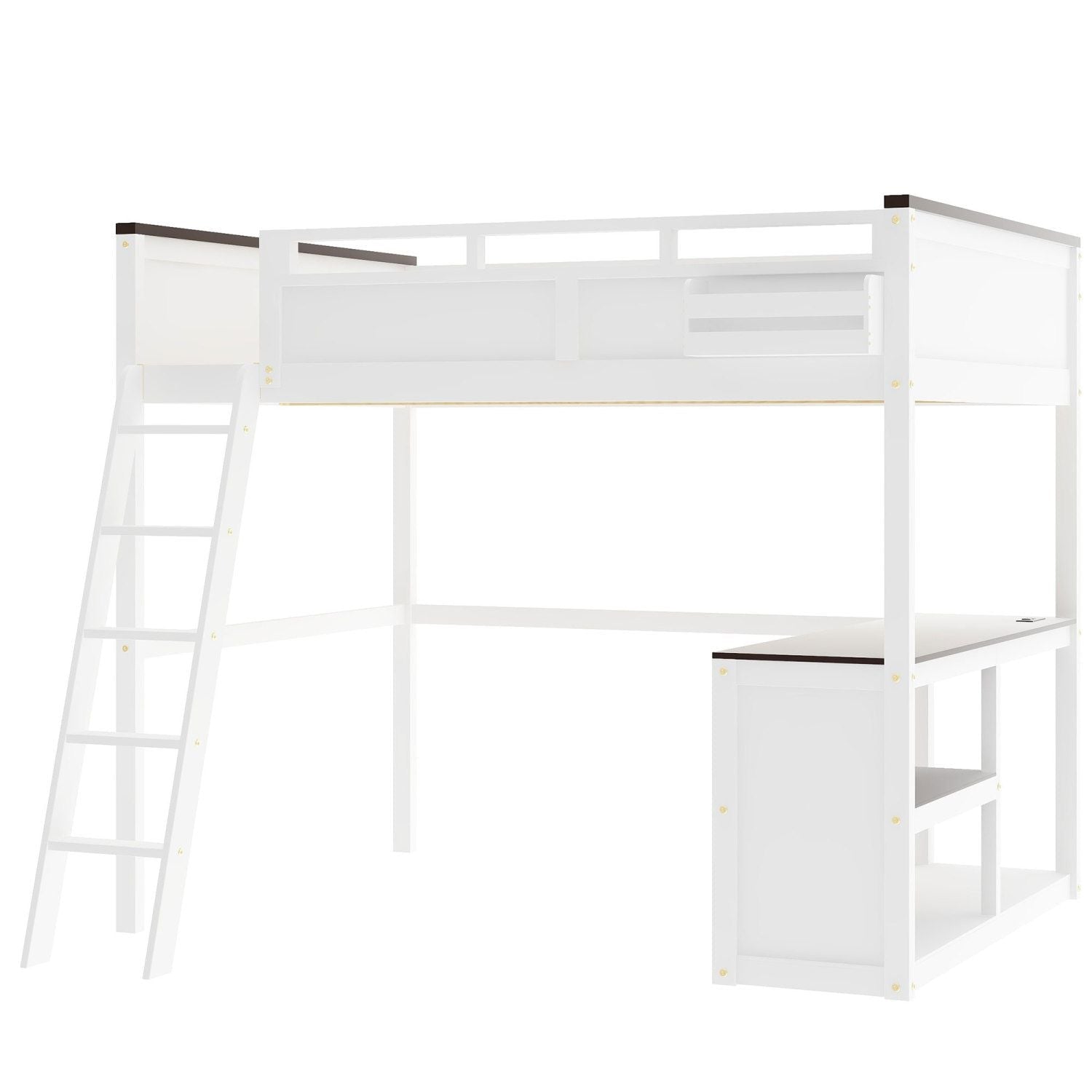Queen Size Wood Loft Bed with Desk, Storage Box, USB Charging Station, White | Just Better Bunk Beds