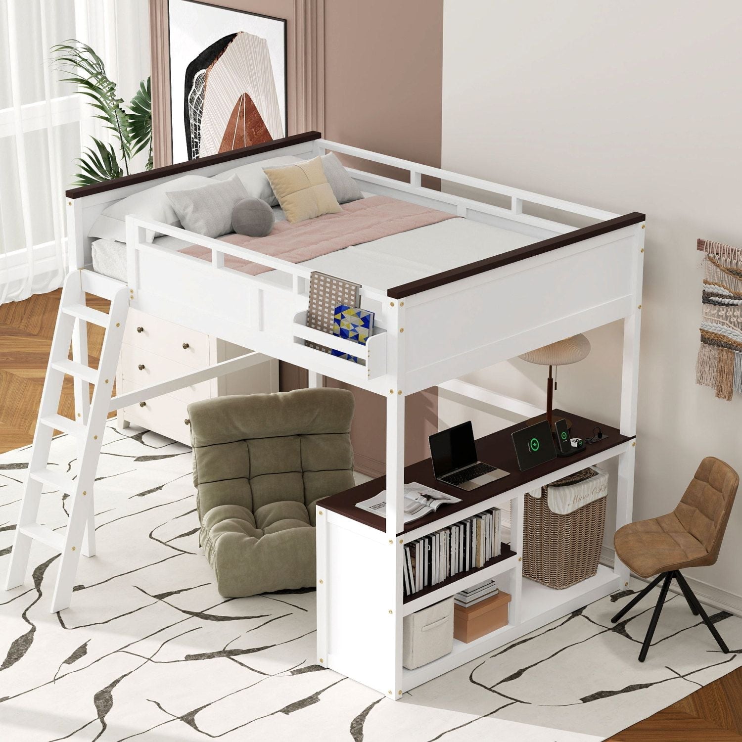 Queen Size Wood Loft Bed with Desk, Storage Box, USB Charging Station, White | Just Better Bunk Beds