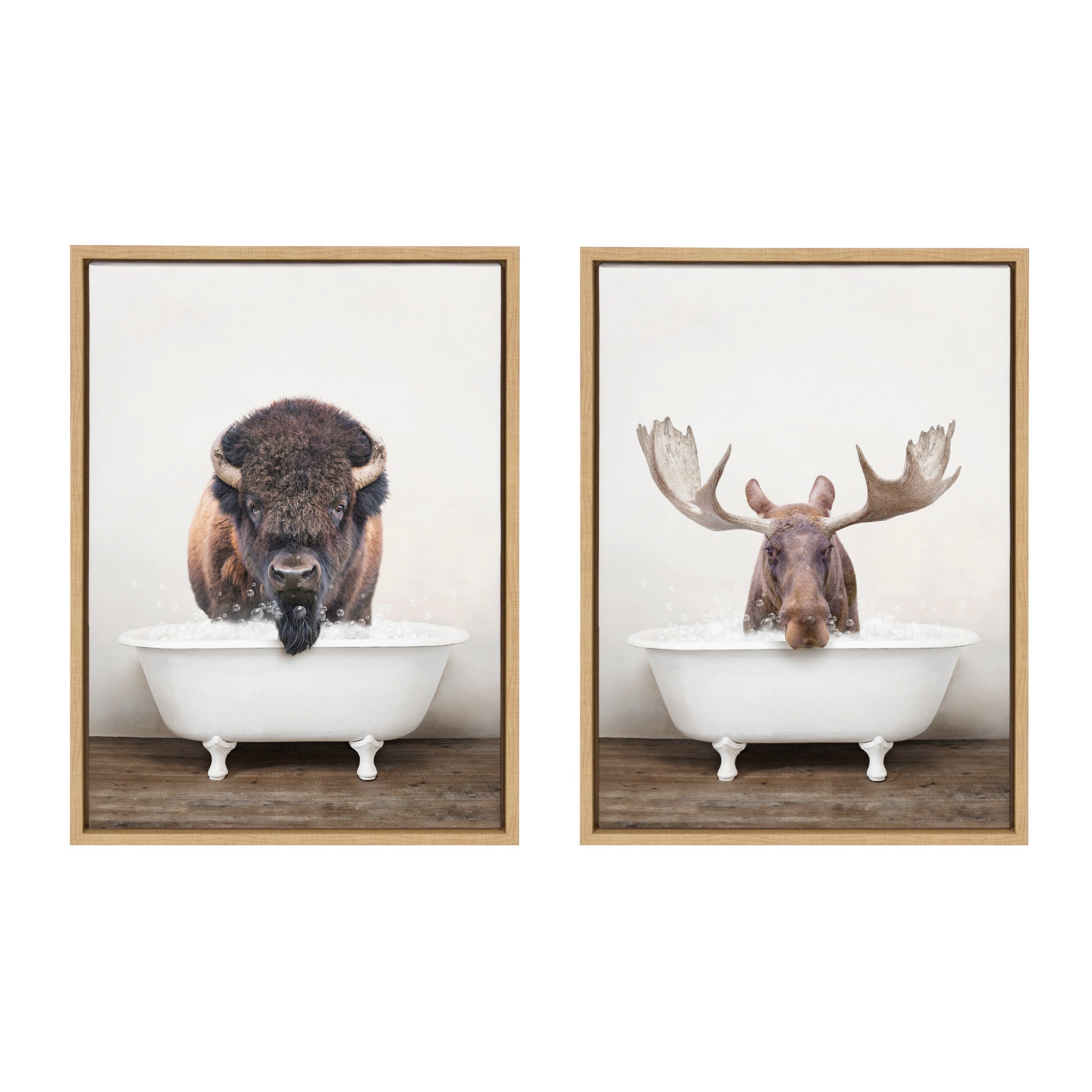 Sylvie Bison Rustic Bubble Bath and Moose Rustic Bubble Bath Framed Canvas by Amy Peterson Art Studio