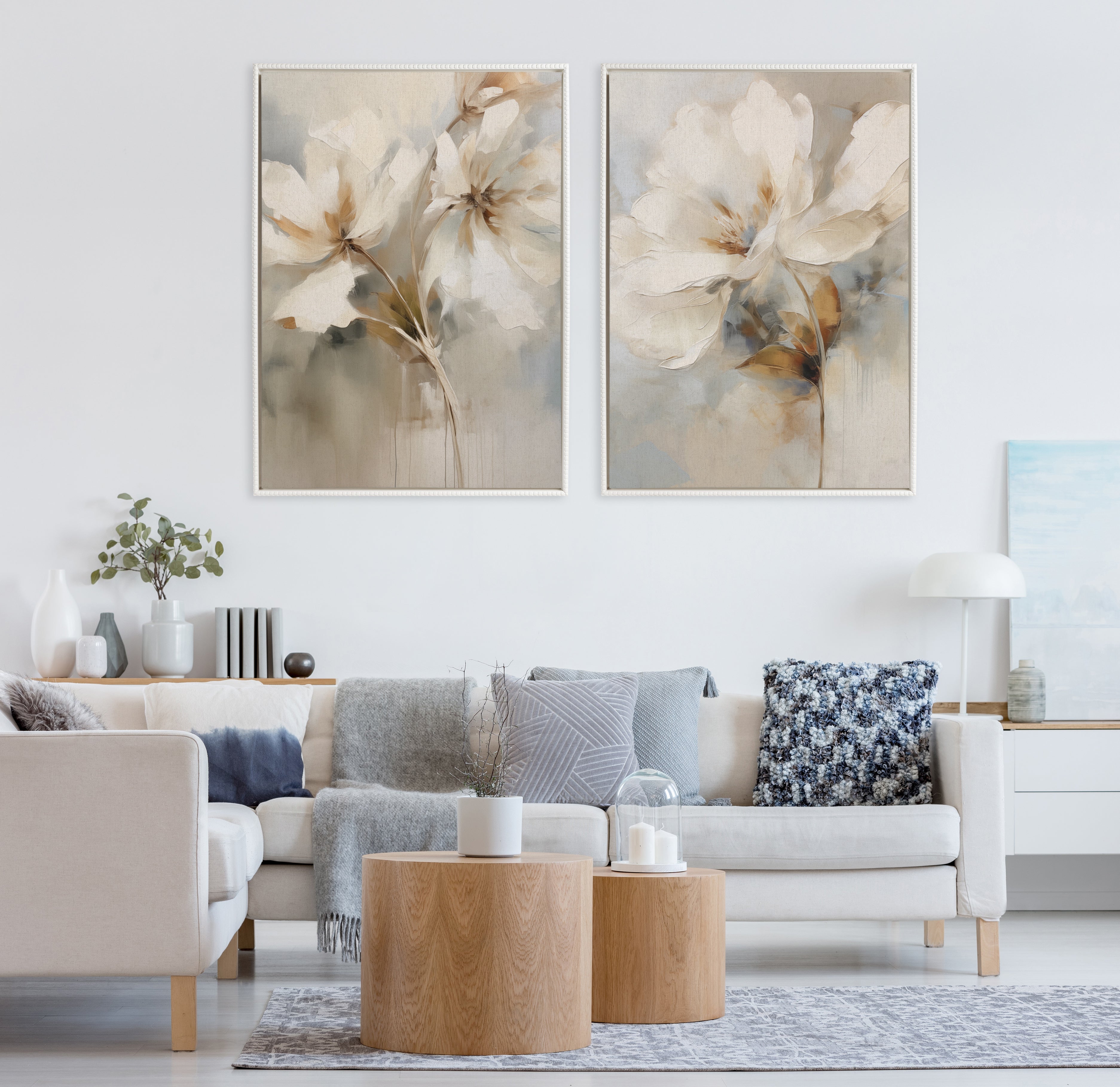 Sylvie Beaded Abstract Botanical Floral Linen Painting 1 and 2 Framed Canvas Art Set by The Creative Bunch Studio