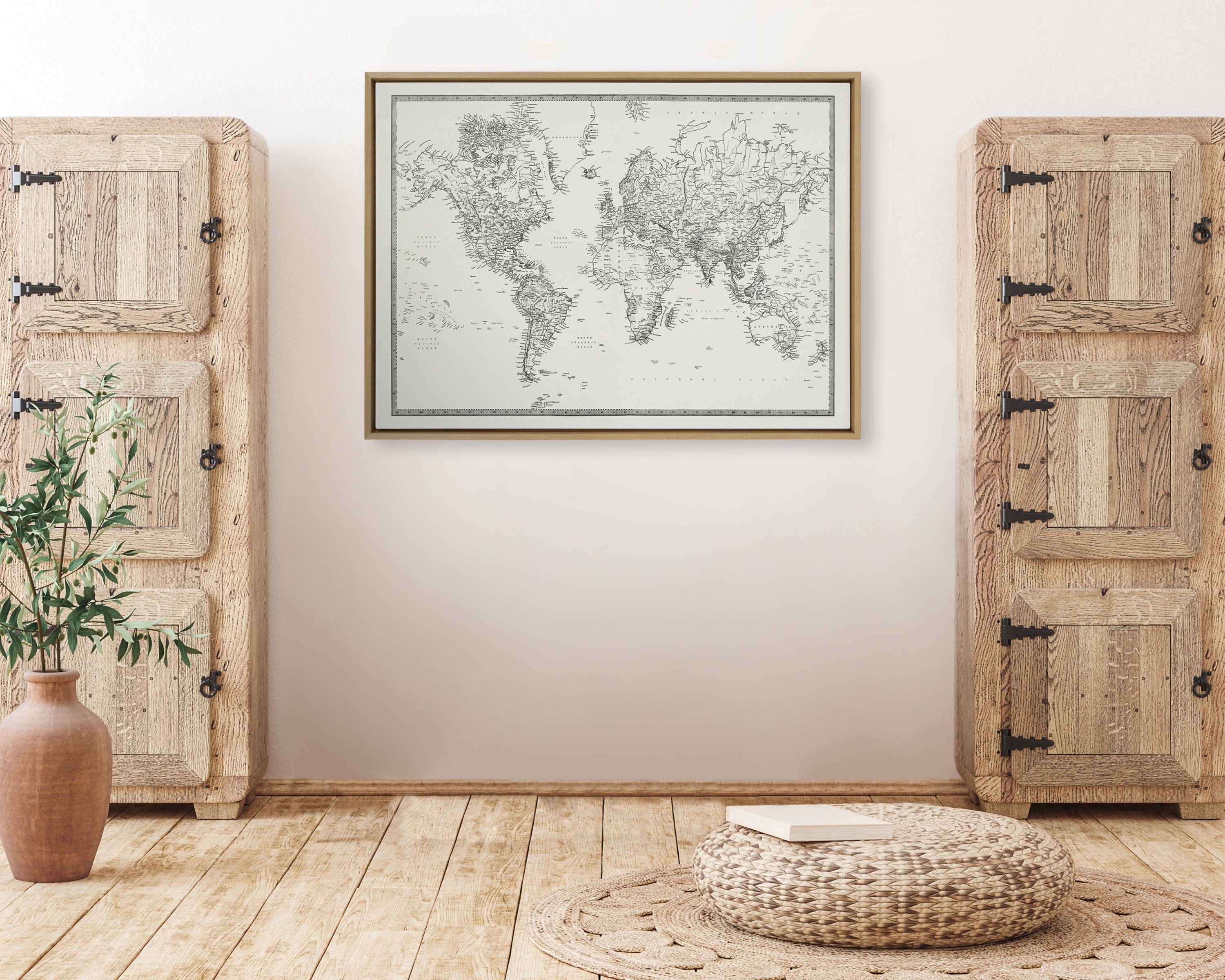 Sylvie Vintage Black and White World Map Framed Canvas by The Creative Bunch Studio