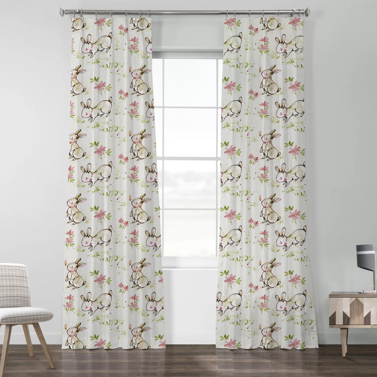 Bunny Print Nursery Linen Curtains | Pinch Pleated | Standard & Made to Measure | Light Filtering or Blackout-2
