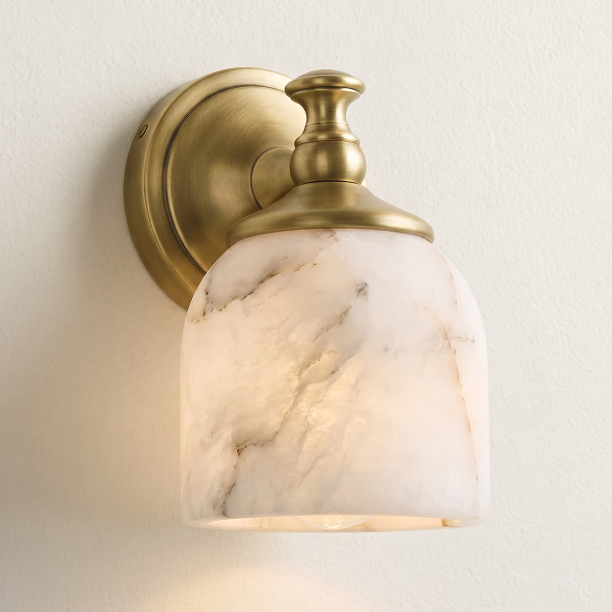 Vanity Glow Series | Brass Short Arm Wall Sconce with Milk Glass Dome for Bathroom
