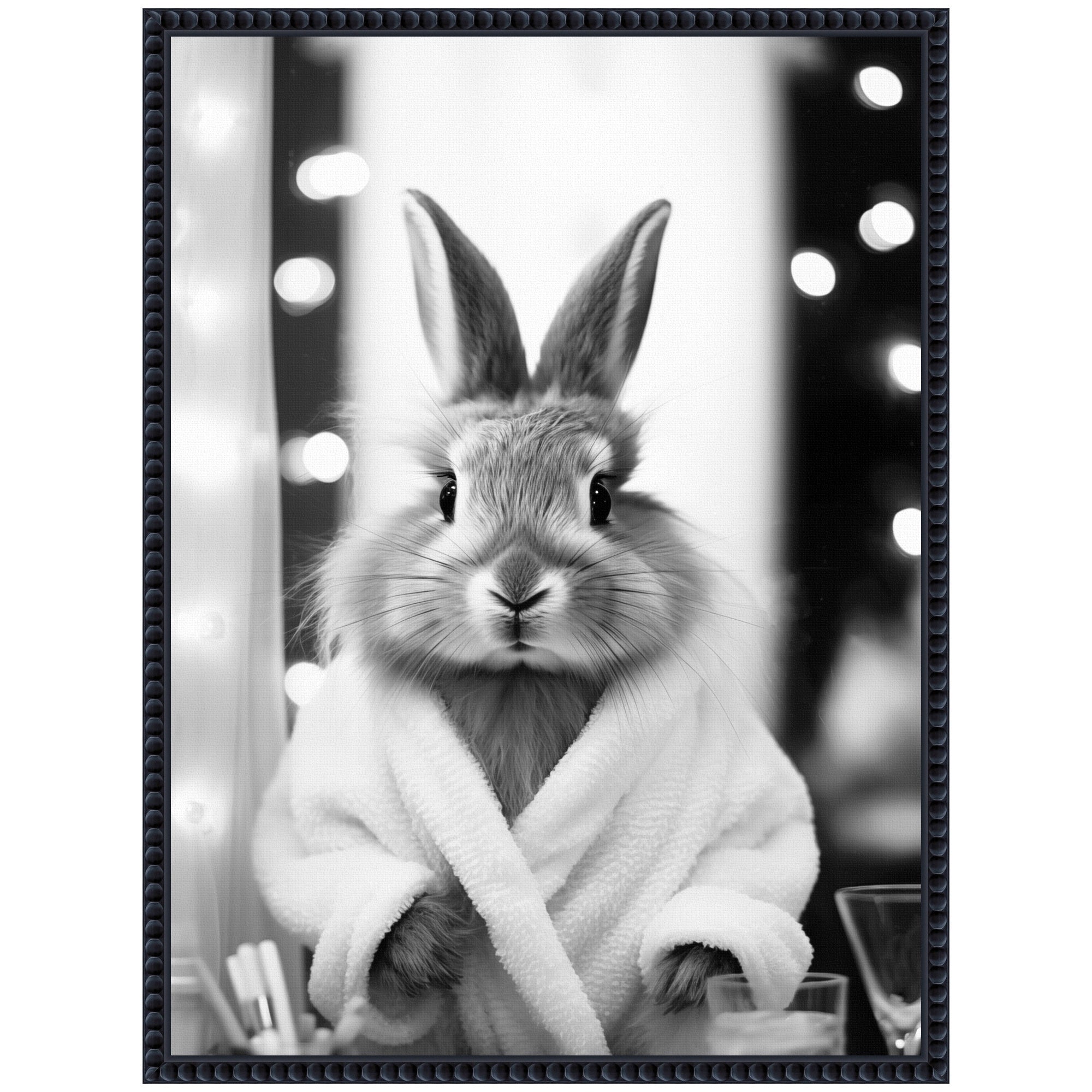 Sylvie Bunny Glam Bathroom Art Towel Robe Black and White Framed Canvas by The Creative Bunch Studio
