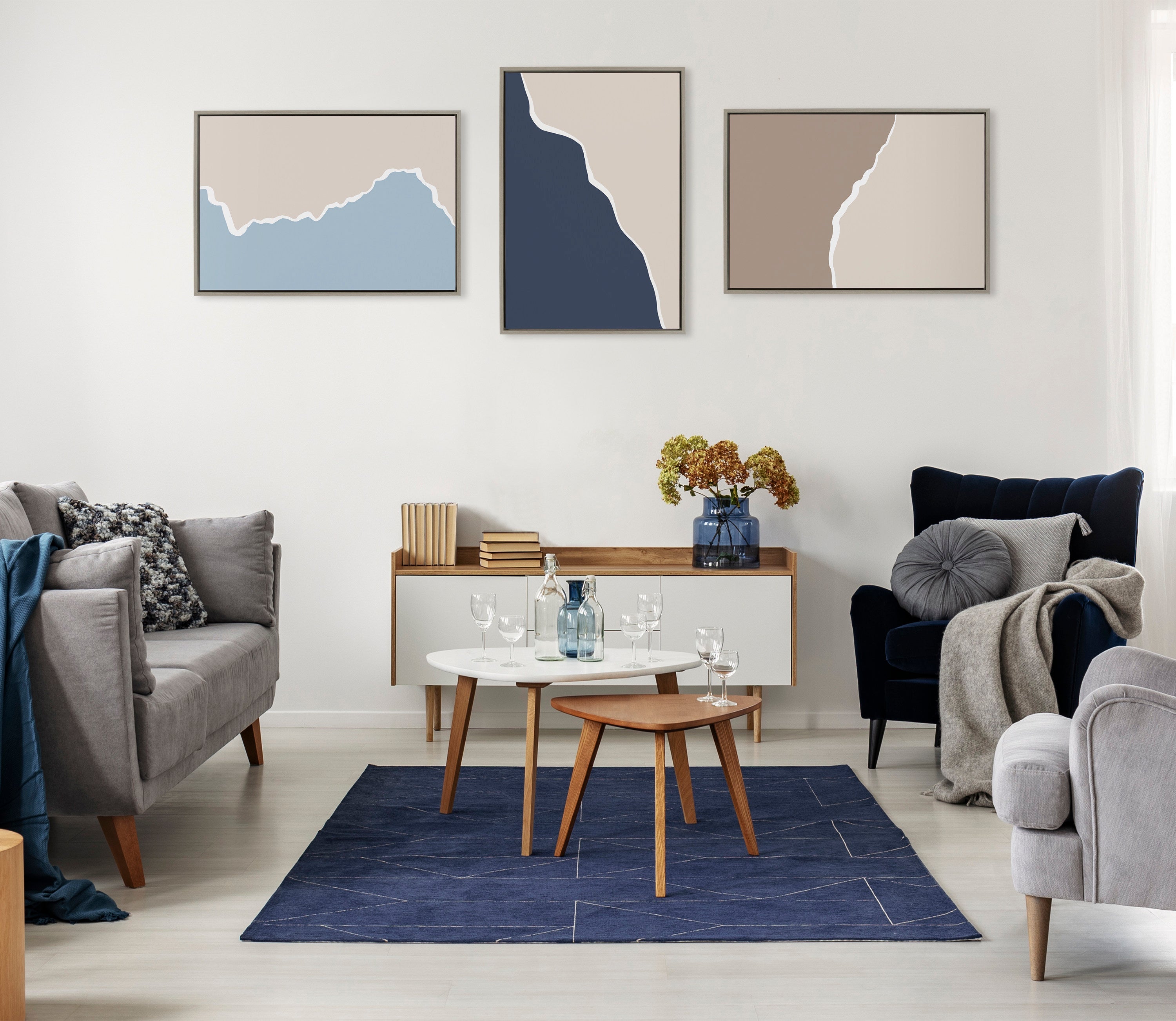 Sylvie Muted Abstract Landscape Beige and Blue Framed Canvas by The Creative Bunch Studio