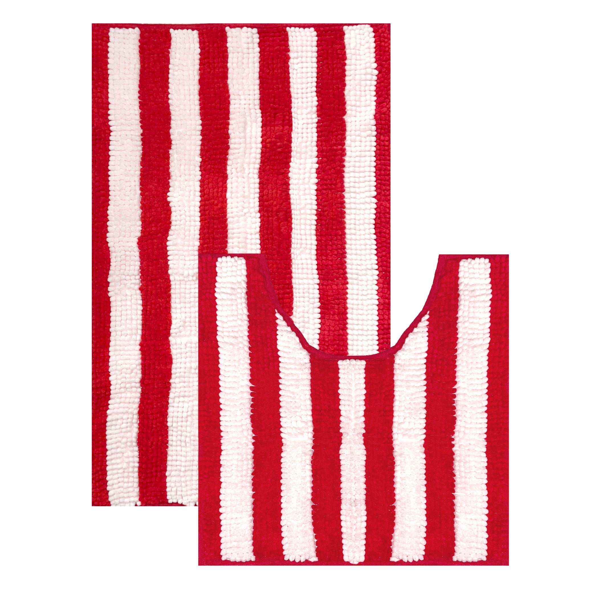 2 Piece Set Red Stripe Soft Cozy Plush Chenille Bath Mat Bathroom Rug