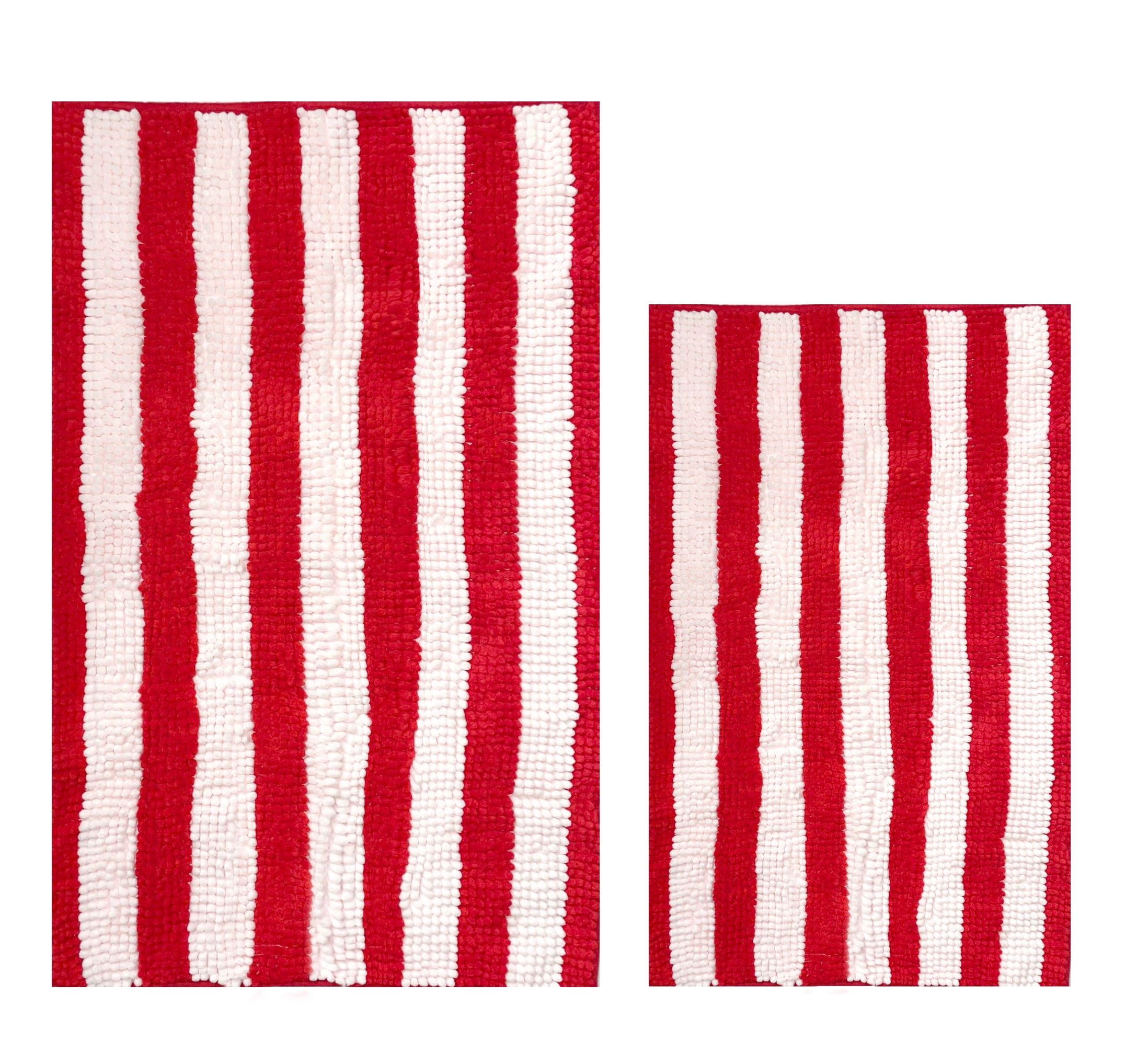Large 2 Piece Set Red White Stripe Soft Cozy Plush Chenille Bath Mat Bathroom Rug