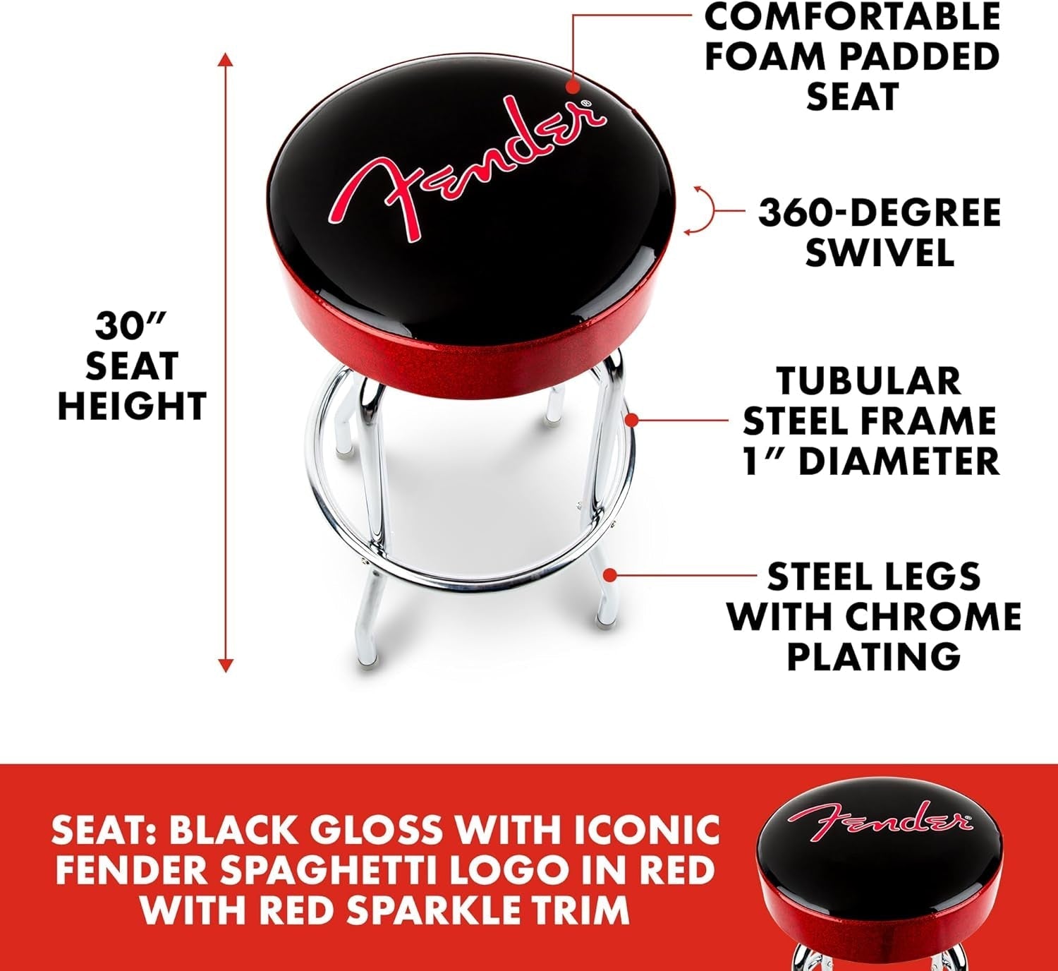 30 Inch Black Swivel Bar Stool With Red Sparkle Logo