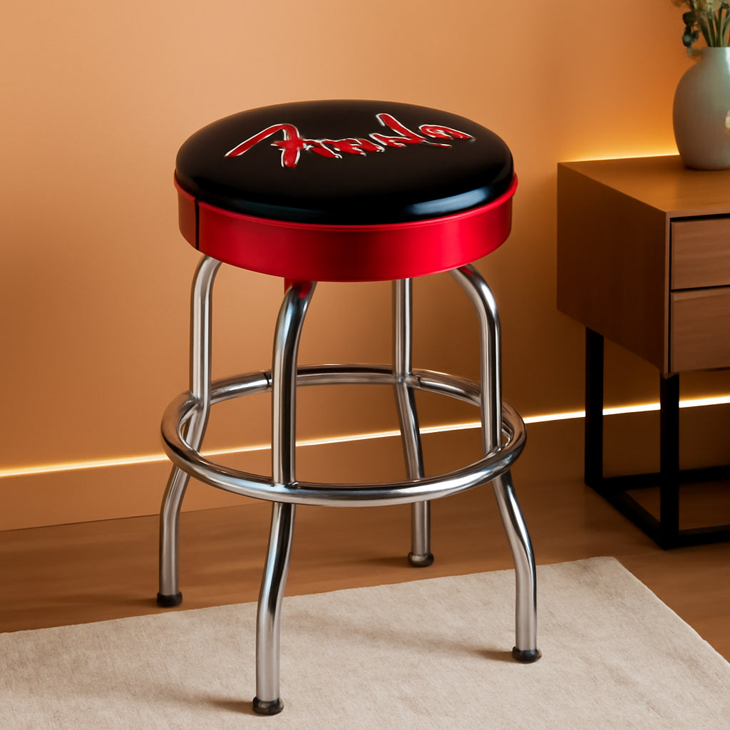 30 Inch Black Swivel Bar Stool With Red Sparkle Logo