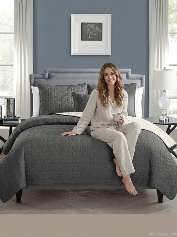 VCNY Home Hayden Solid Reversible Geometric Quilt Set, Queen, Charcoal/Vanilla