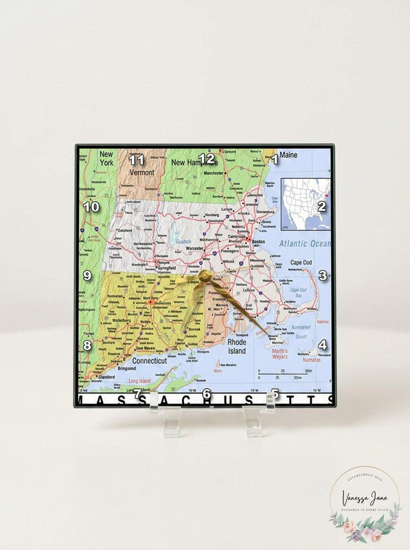 3D Rose dc_184600_1 Print of Massachusetts Cities and State Map Desk Clock, 6x6