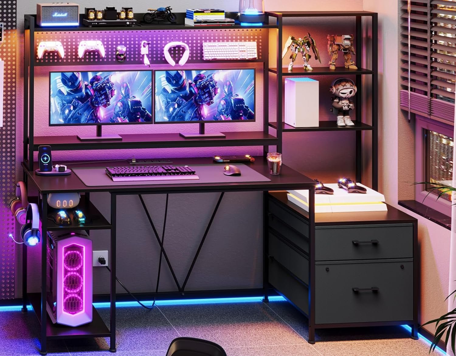 Reversible Gaming Desk with Power Outlets and LED Light