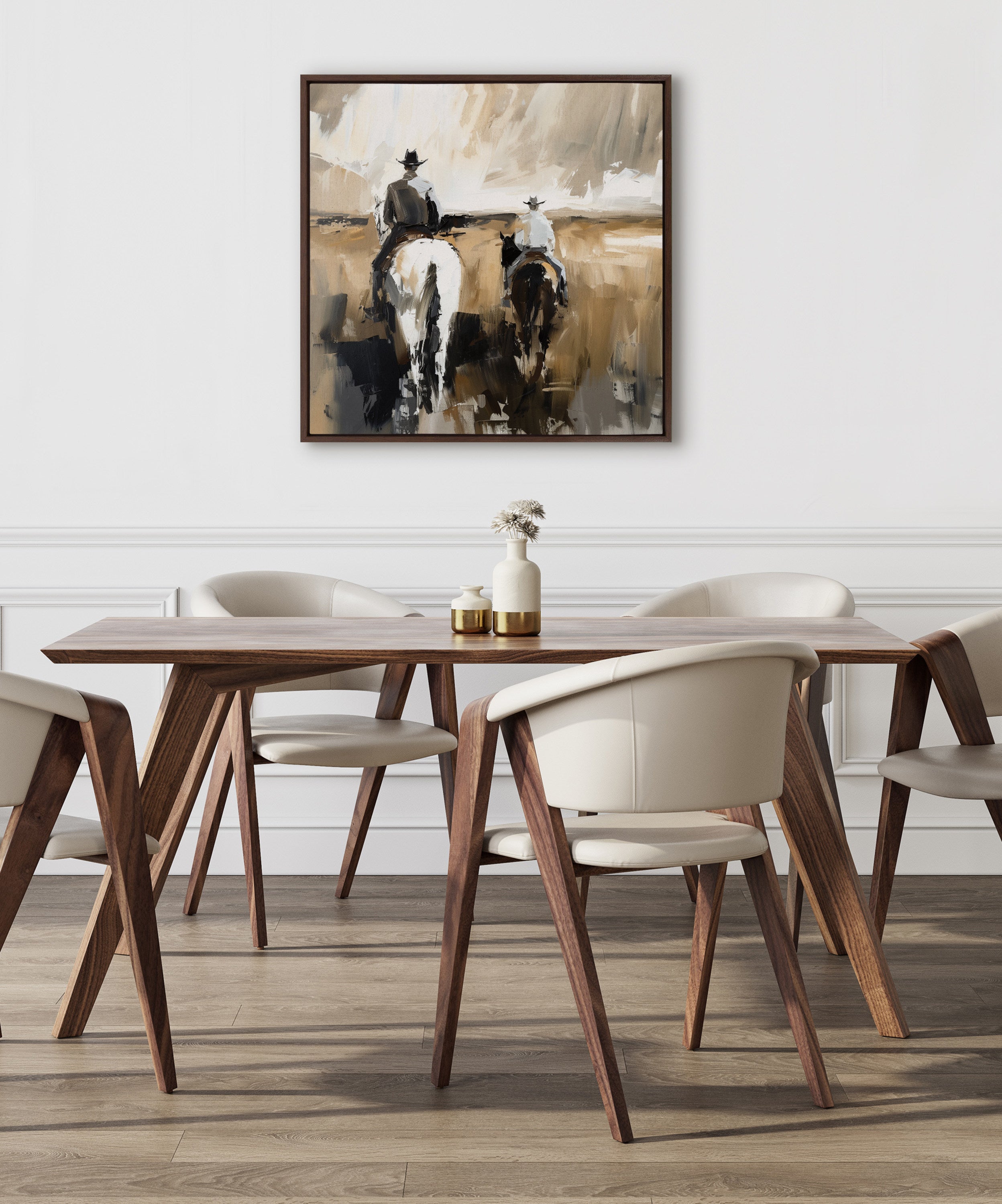 Sylvie Western Cowboy Horseback Ranch Abstract Neutral 2 Framed Canvas by The Creative Bunch Studio