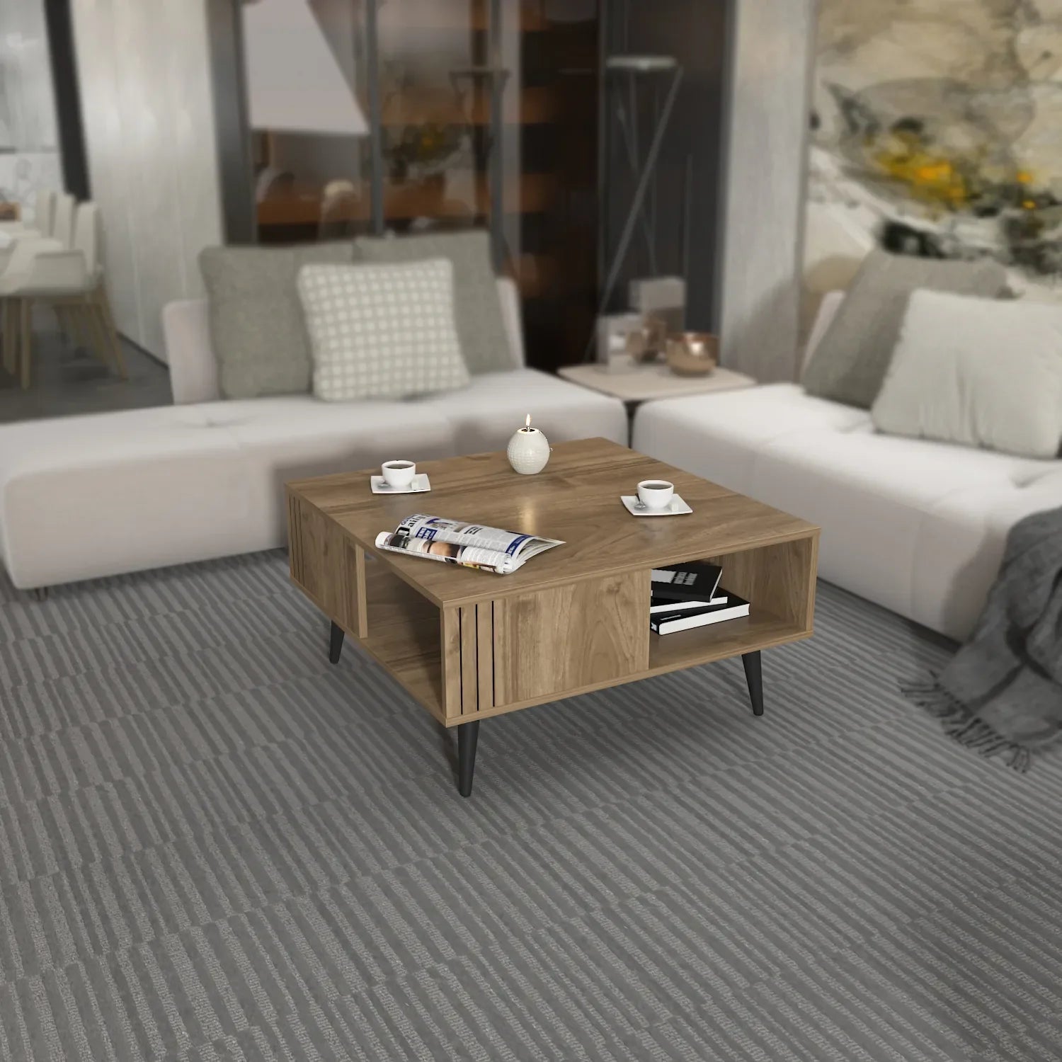 Ronas 35 inch Wide Square Coffee Table with Open Shelf Storage | Cocktail Table
