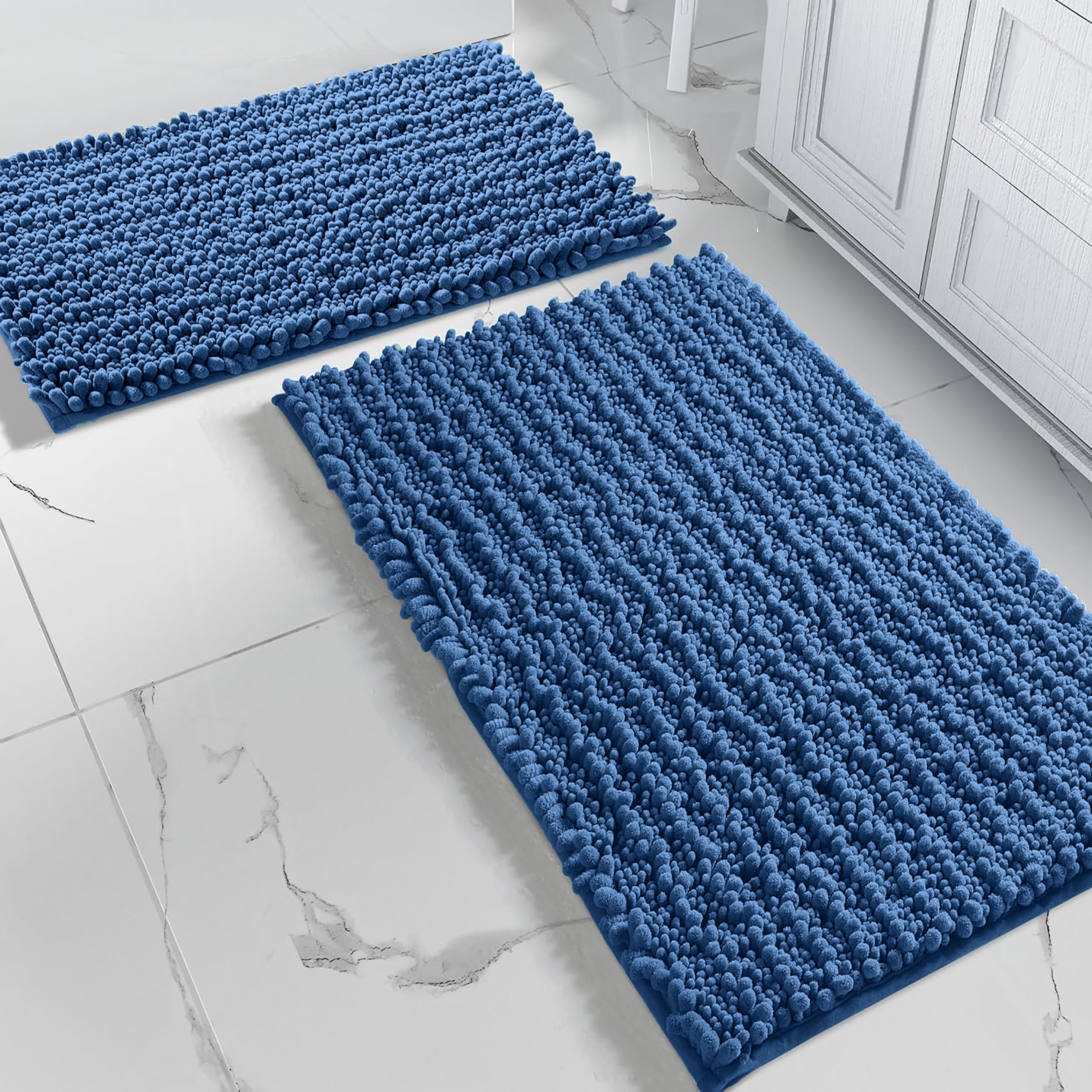 2 Piece Set Blue Soft Cozy Plush Chenille Bath Mat Bathroom Rug