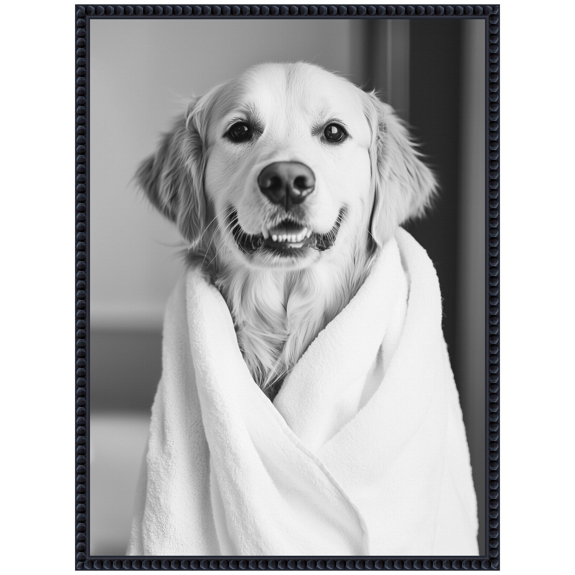 Sylvie Golden Retriever Bathroom Towel Robe Black and White Framed Canvas by The Creative Bunch Studio