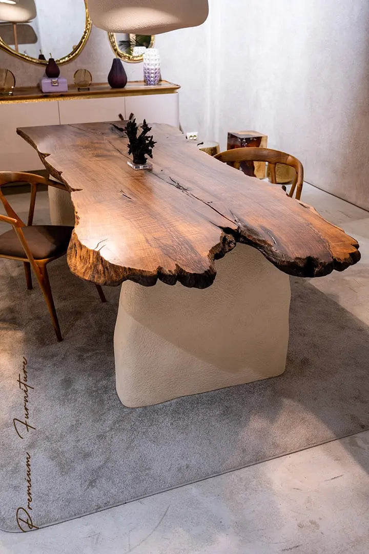 Wabi Sabi Style Luxury Solid Wood Walnut Table with Stone Inspired Legs