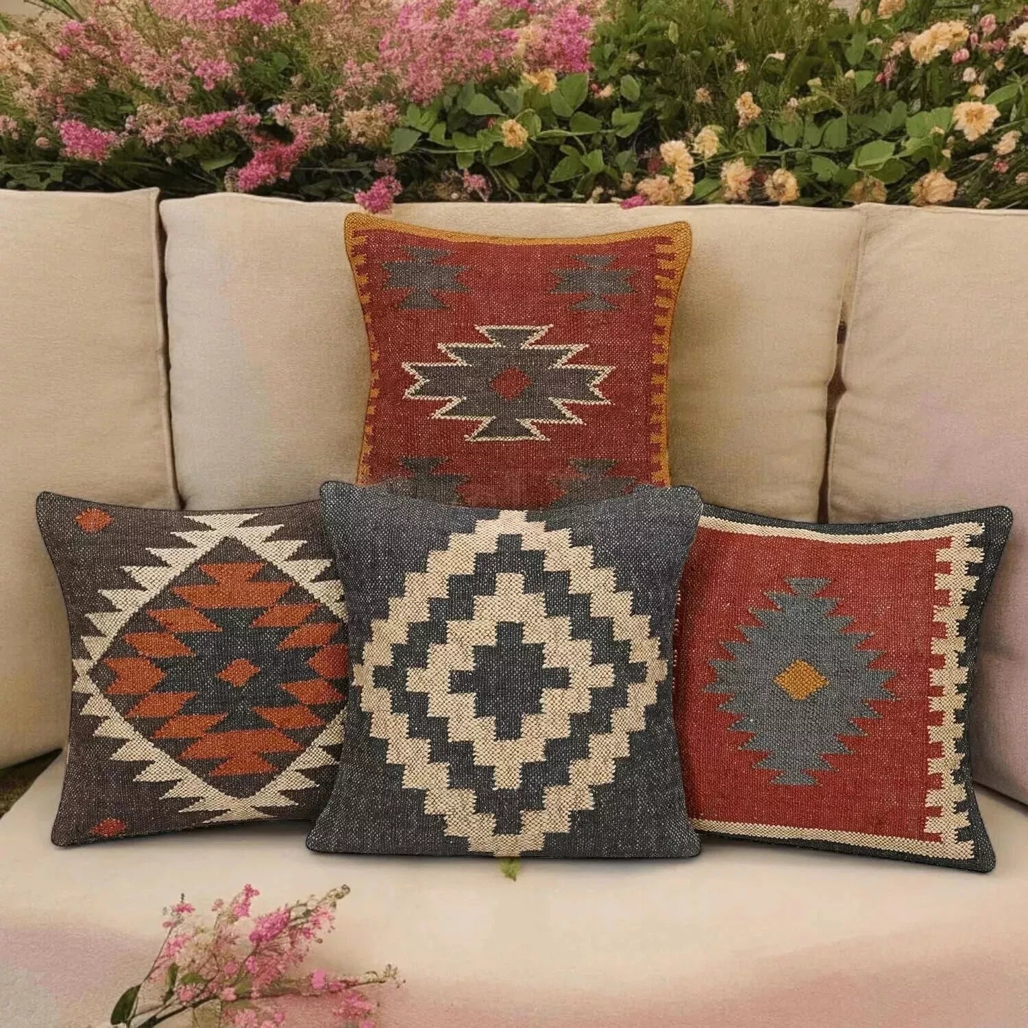 Set of 4 Wool Jute Vintage Kilim Cushion Cover 18x18 Home Decor Pillow Cases Throw Cushion Cover Set For Living Sofa and Bedroom Pillow-0