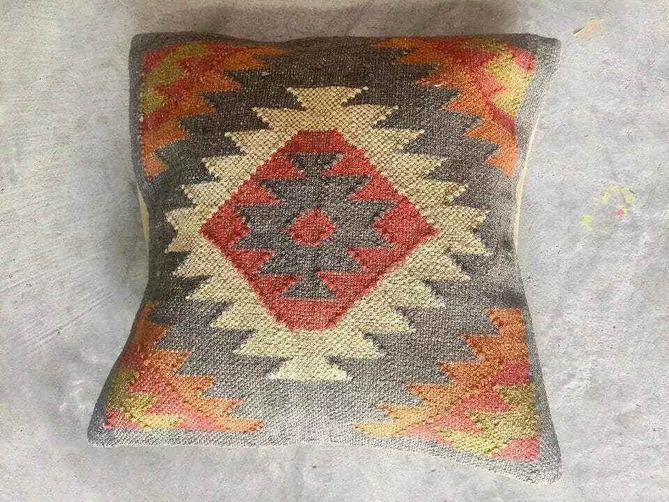 Indian Jute Kilim Cushion Cover Throw Pillow 18" Square Home Decor Handmade Wool-0