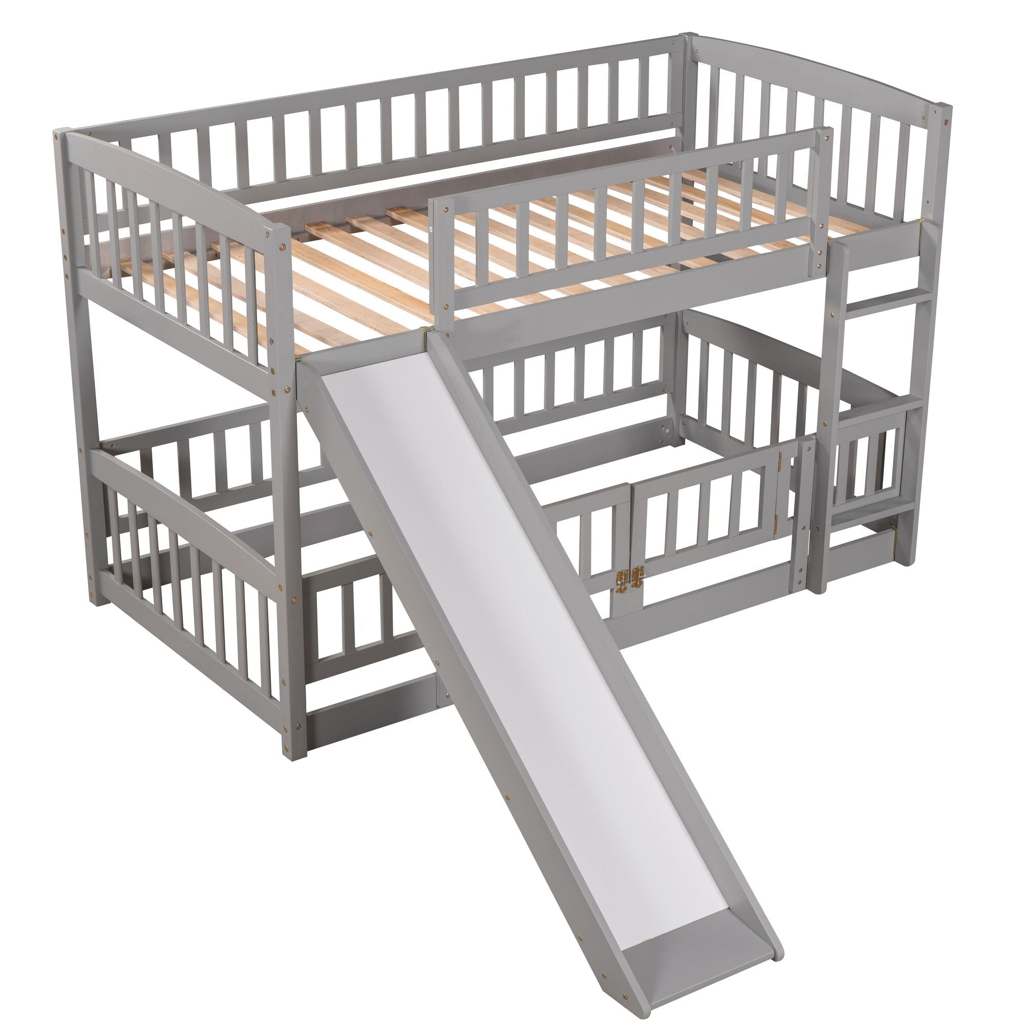 Safe and Fun Twin Over Twin Wood Low Bunk Bed with Slide, Fence, Ladder in White, Grey, Espresso | Just Better Bunk Beds