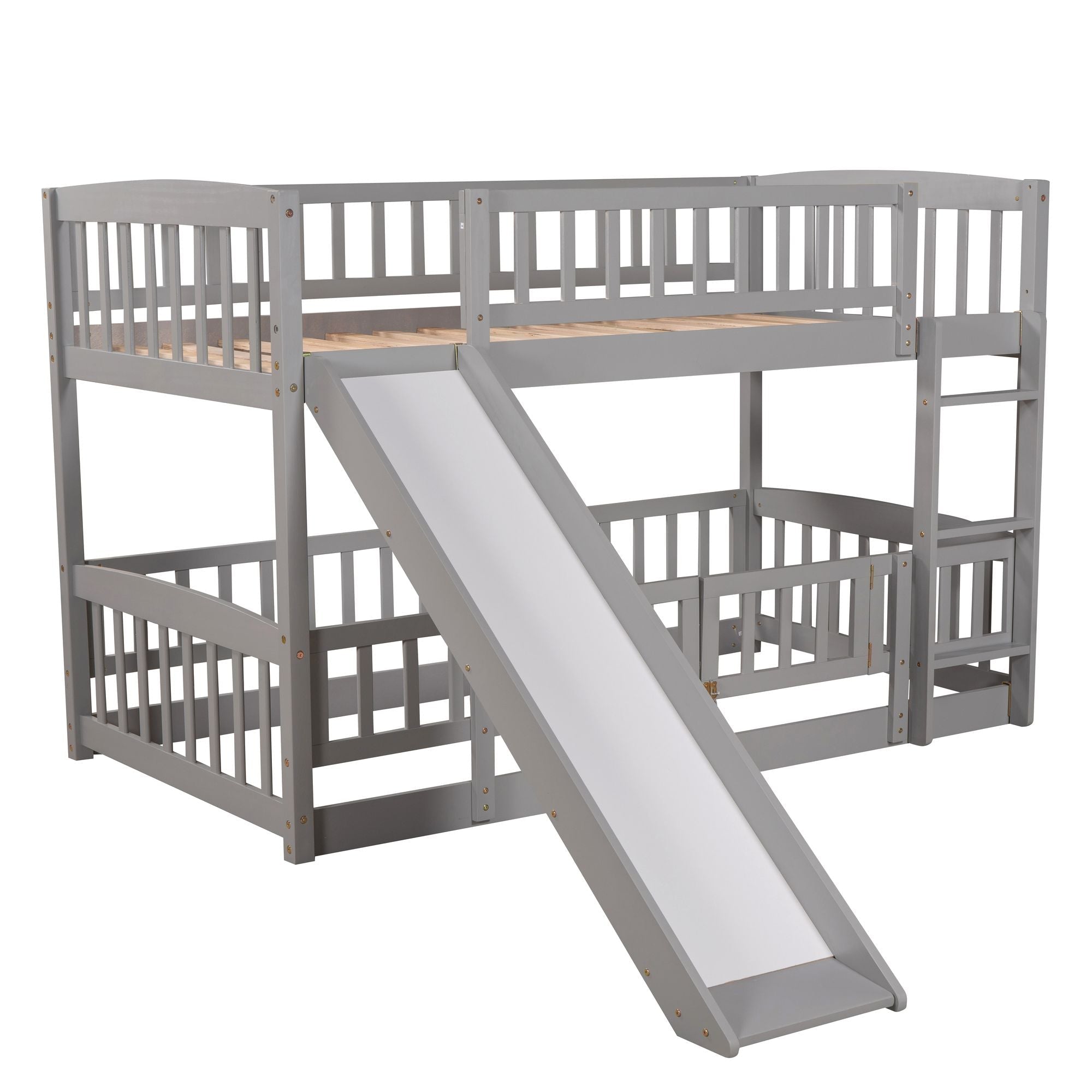 Safe and Fun Twin Over Twin Wood Low Bunk Bed with Slide, Fence, Ladder in White, Grey, Espresso | Just Better Bunk Beds