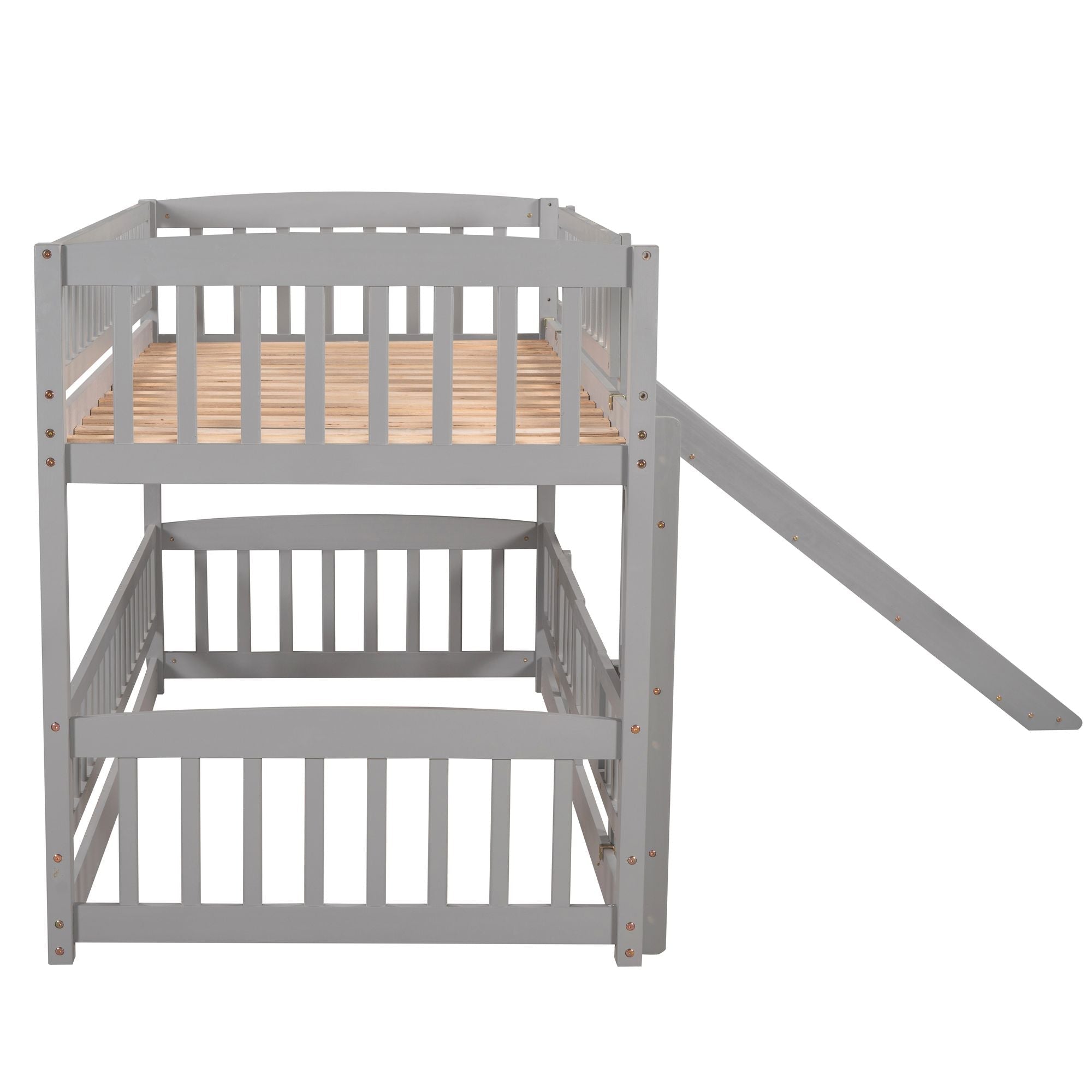 Safe and Fun Twin Over Twin Wood Low Bunk Bed with Slide, Fence, Ladder in White, Grey, Espresso | Just Better Bunk Beds