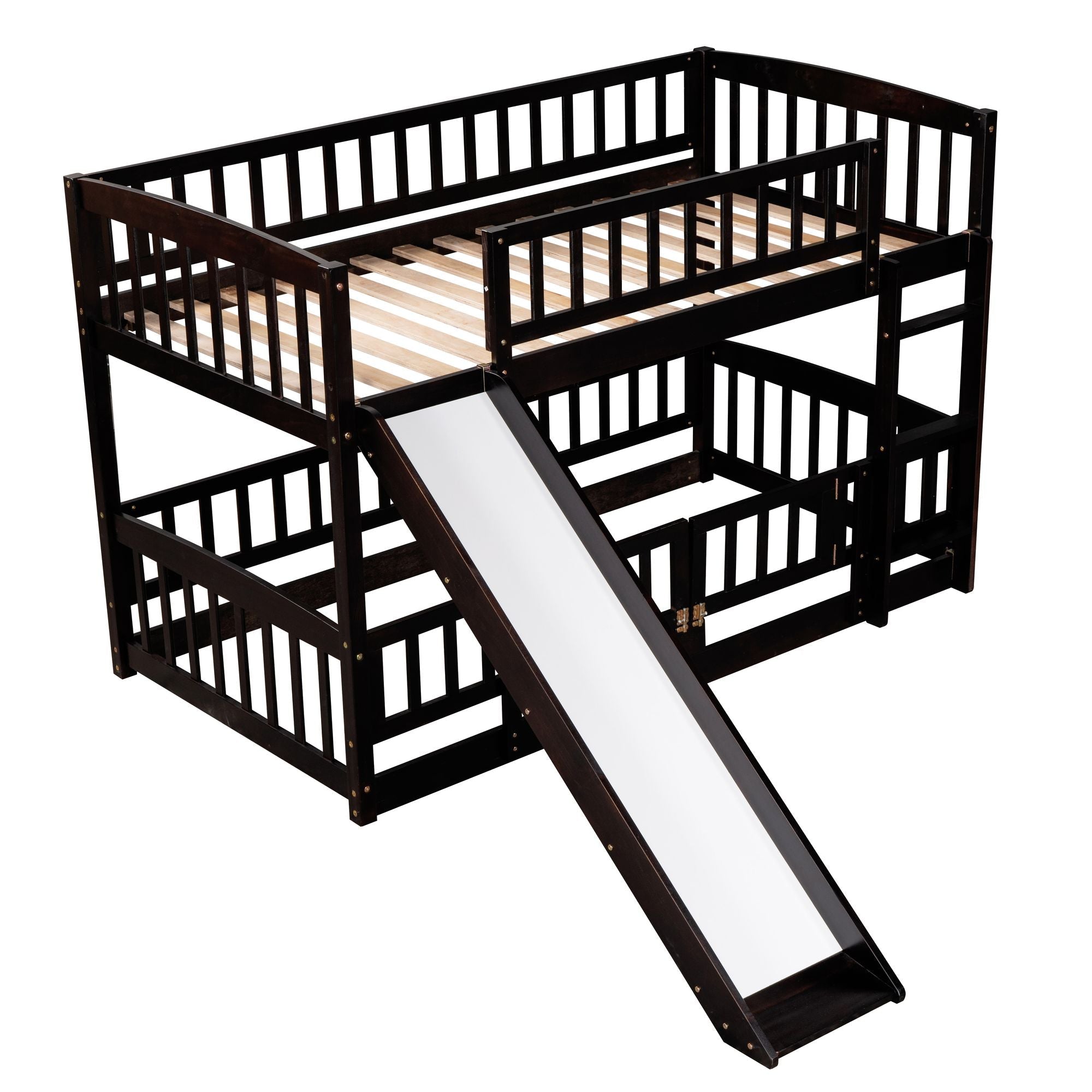 Safe and Fun Twin Over Twin Wood Low Bunk Bed with Slide, Fence, Ladder in White, Grey, Espresso | Just Better Bunk Beds