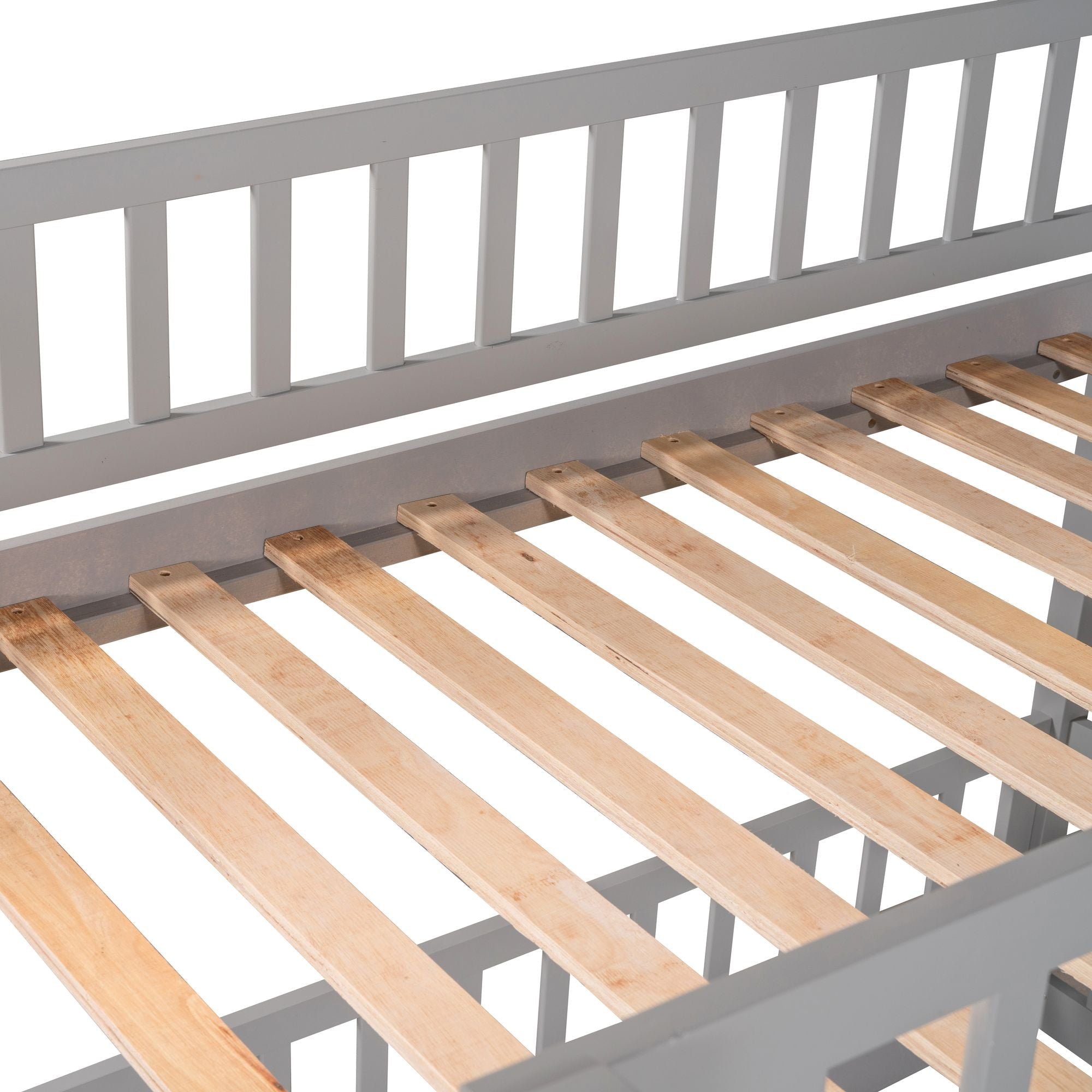 Safe and Fun Twin Over Twin Wood Low Bunk Bed with Slide, Fence, Ladder in White, Grey, Espresso | Just Better Bunk Beds