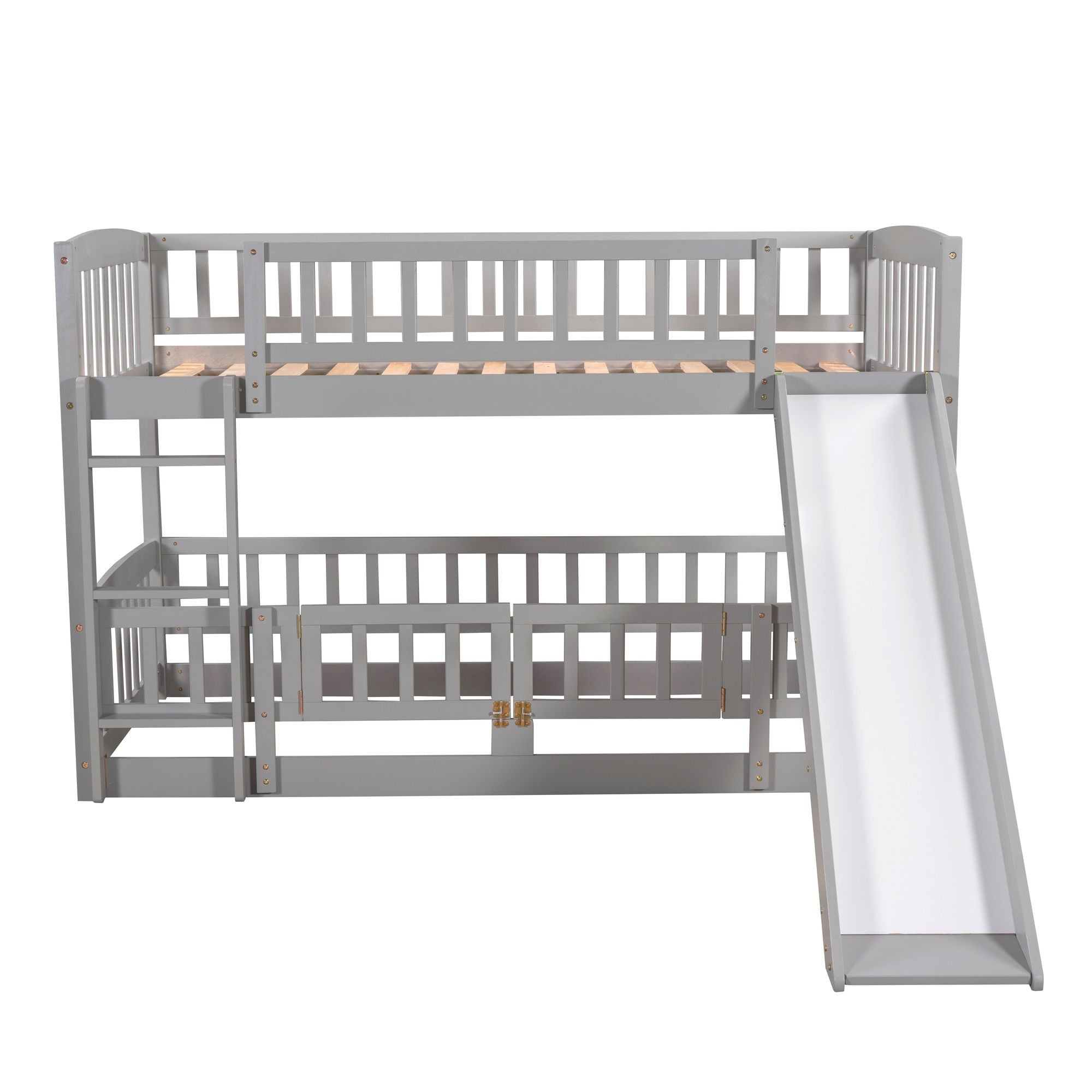 Safe and Fun Twin Over Twin Wood Low Bunk Bed with Slide, Fence, Ladder in White, Grey, Espresso | Just Better Bunk Beds