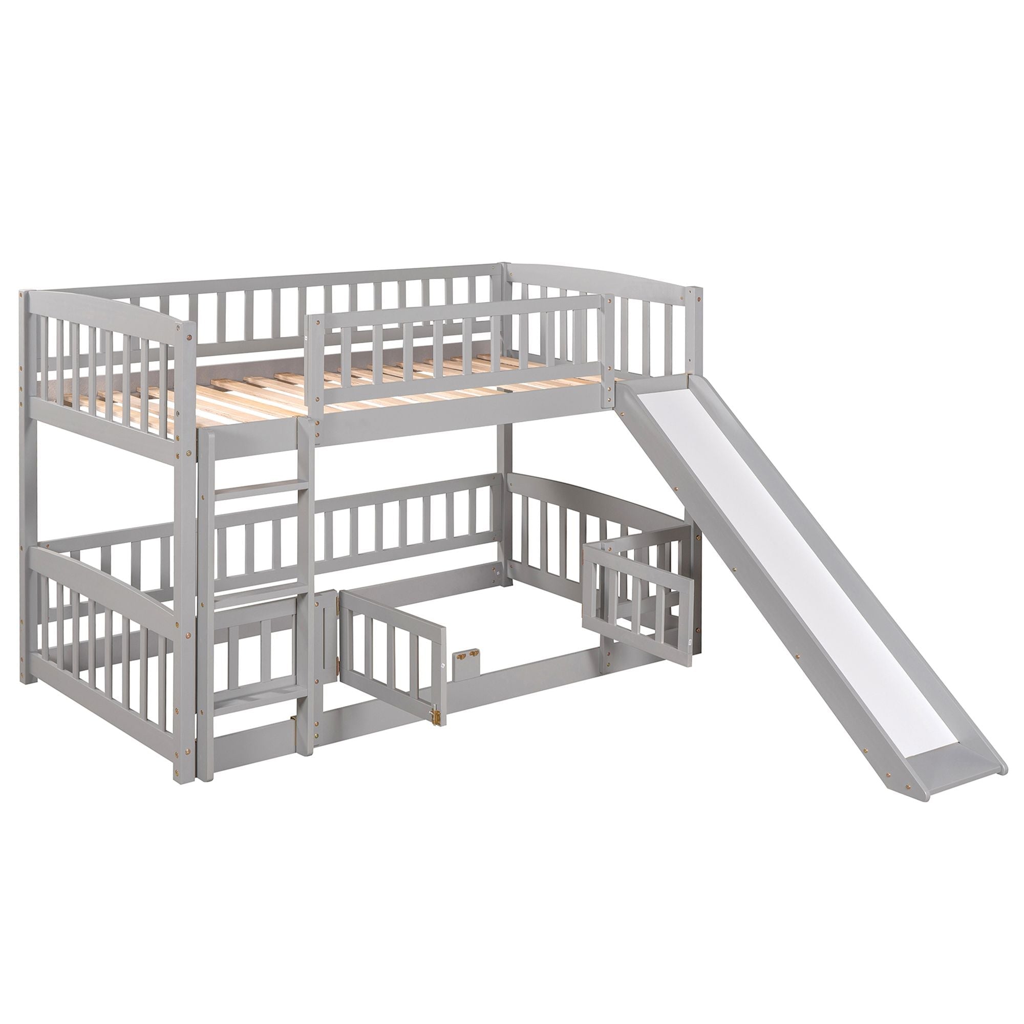 Safe and Fun Twin Over Twin Wood Low Bunk Bed with Slide, Fence, Ladder in White, Grey, Espresso | Just Better Bunk Beds
