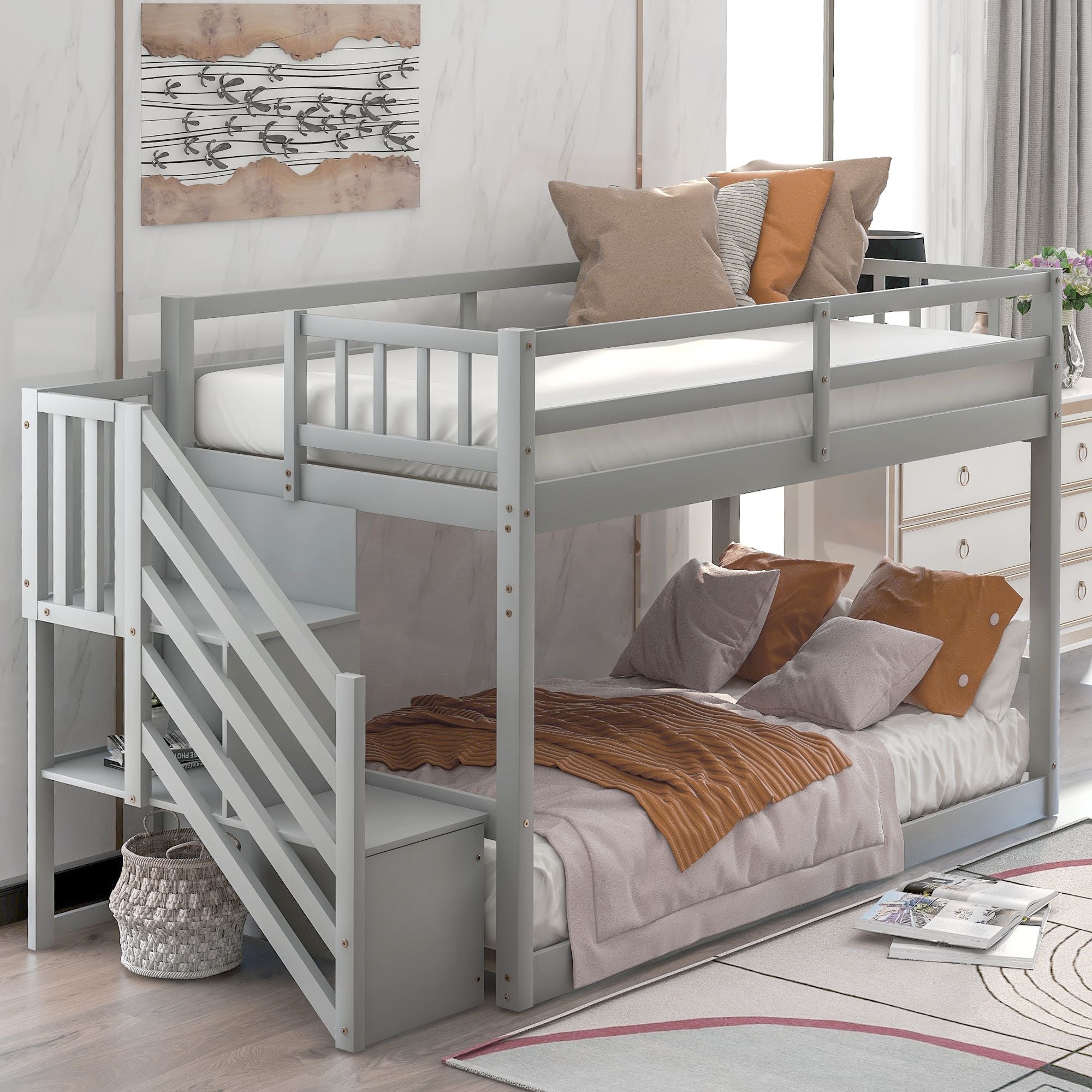 Safe Floor-Level Twin Over Twin Wood Bunk Bed with Ladder Storage, Gray or White | Just Better Bunk Beds