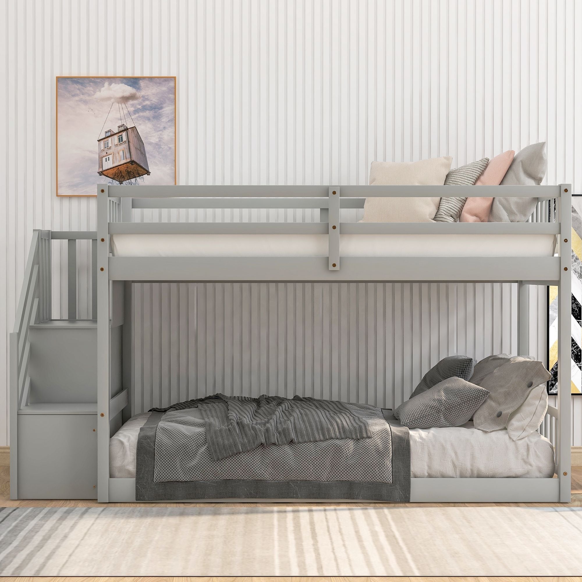 Safe Floor-Level Twin Over Twin Wood Bunk Bed with Ladder Storage, Gray or White | Just Better Bunk Beds
