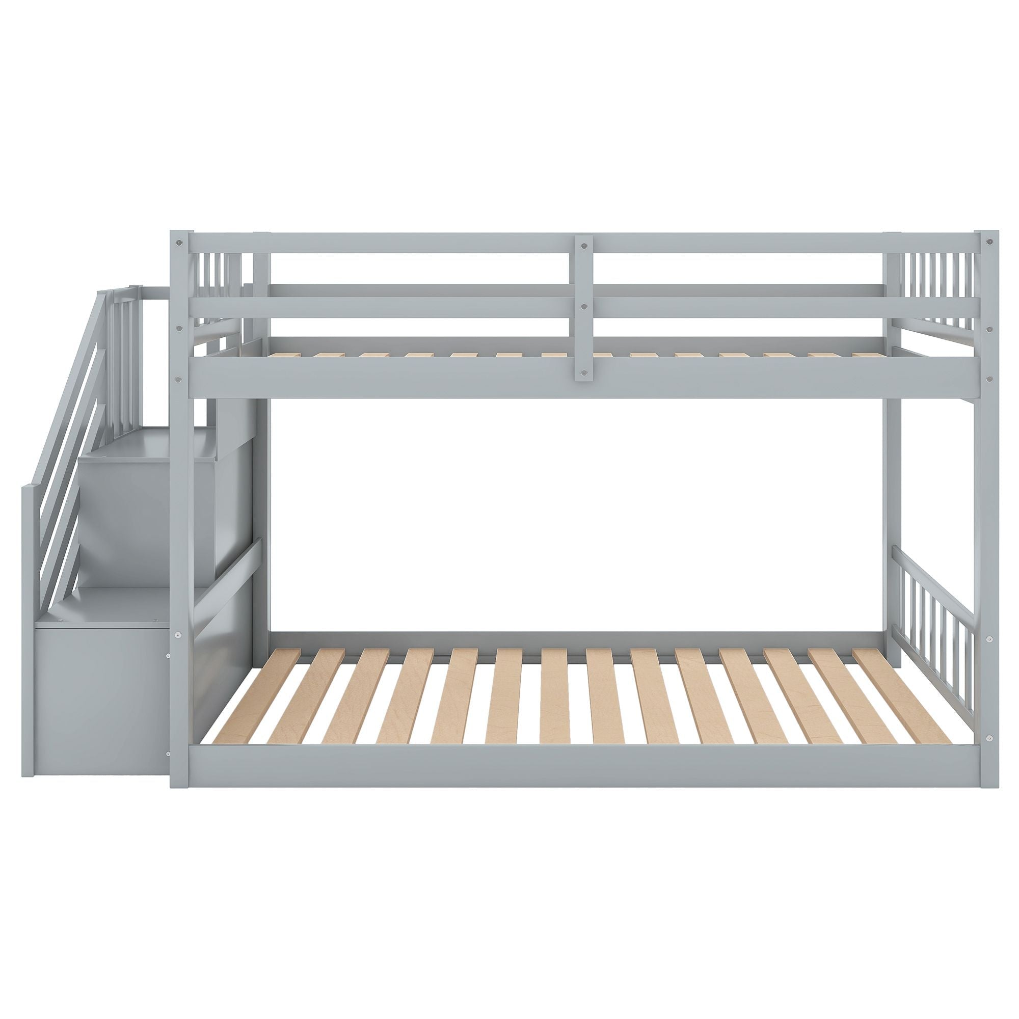 Safe Floor-Level Twin Over Twin Wood Bunk Bed with Ladder Storage, Gray or White | Just Better Bunk Beds