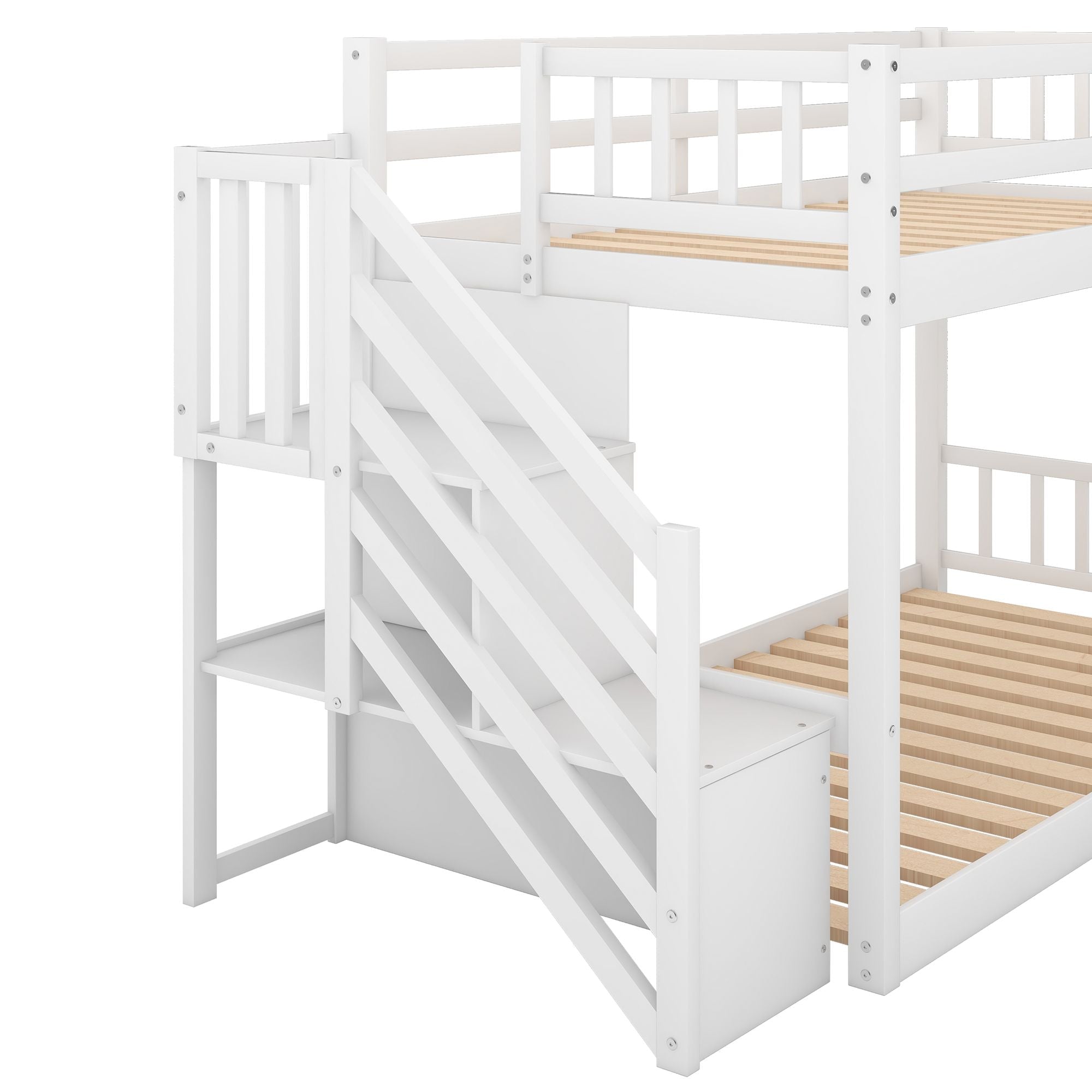 Safe Floor-Level Twin Over Twin Wood Bunk Bed with Ladder Storage, Gray or White | Just Better Bunk Beds