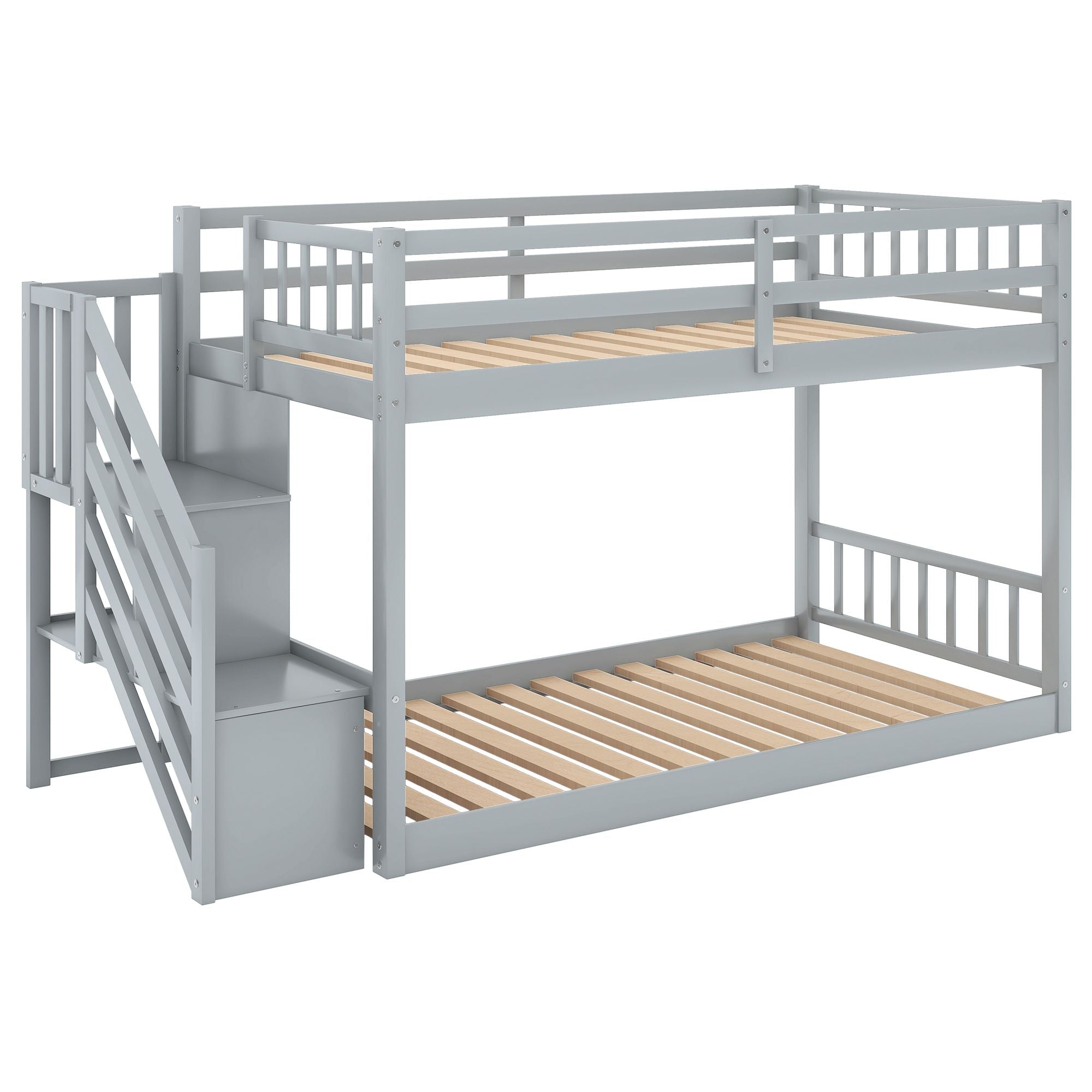Safe Floor-Level Twin Over Twin Wood Bunk Bed with Ladder Storage, Gray or White | Just Better Bunk Beds