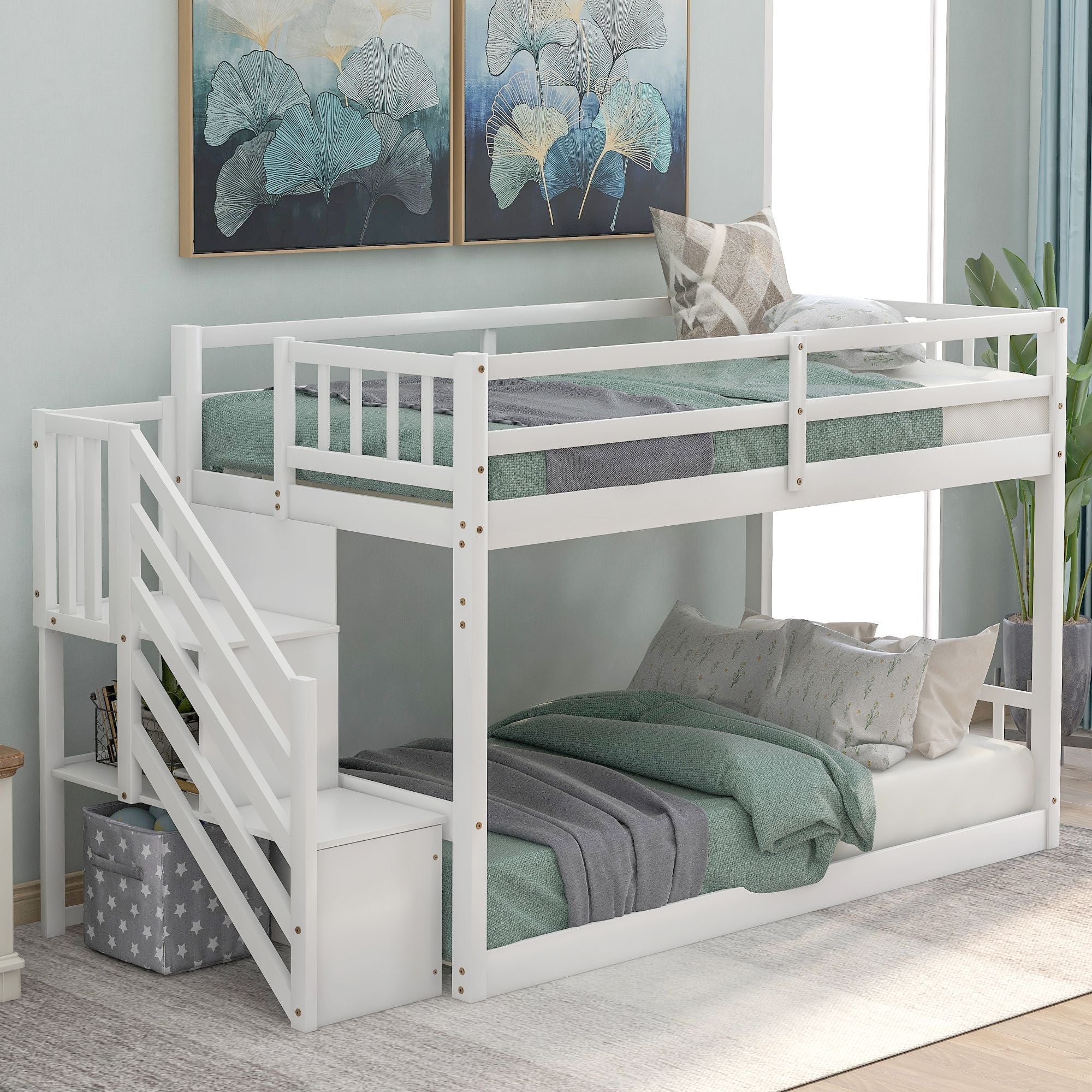 Safe Floor-Level Twin Over Twin Wood Bunk Bed with Ladder Storage, Gray or White | Just Better Bunk Beds