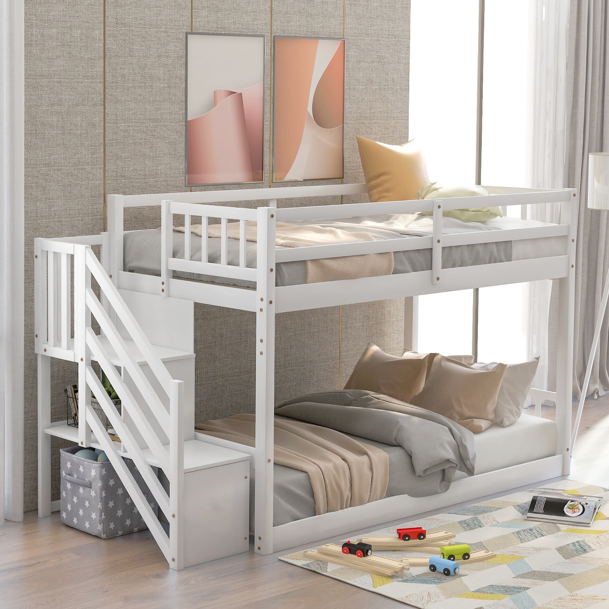 Safe Floor-Level Twin Over Twin Wood Bunk Bed with Ladder Storage, Gray or White | Just Better Bunk Beds