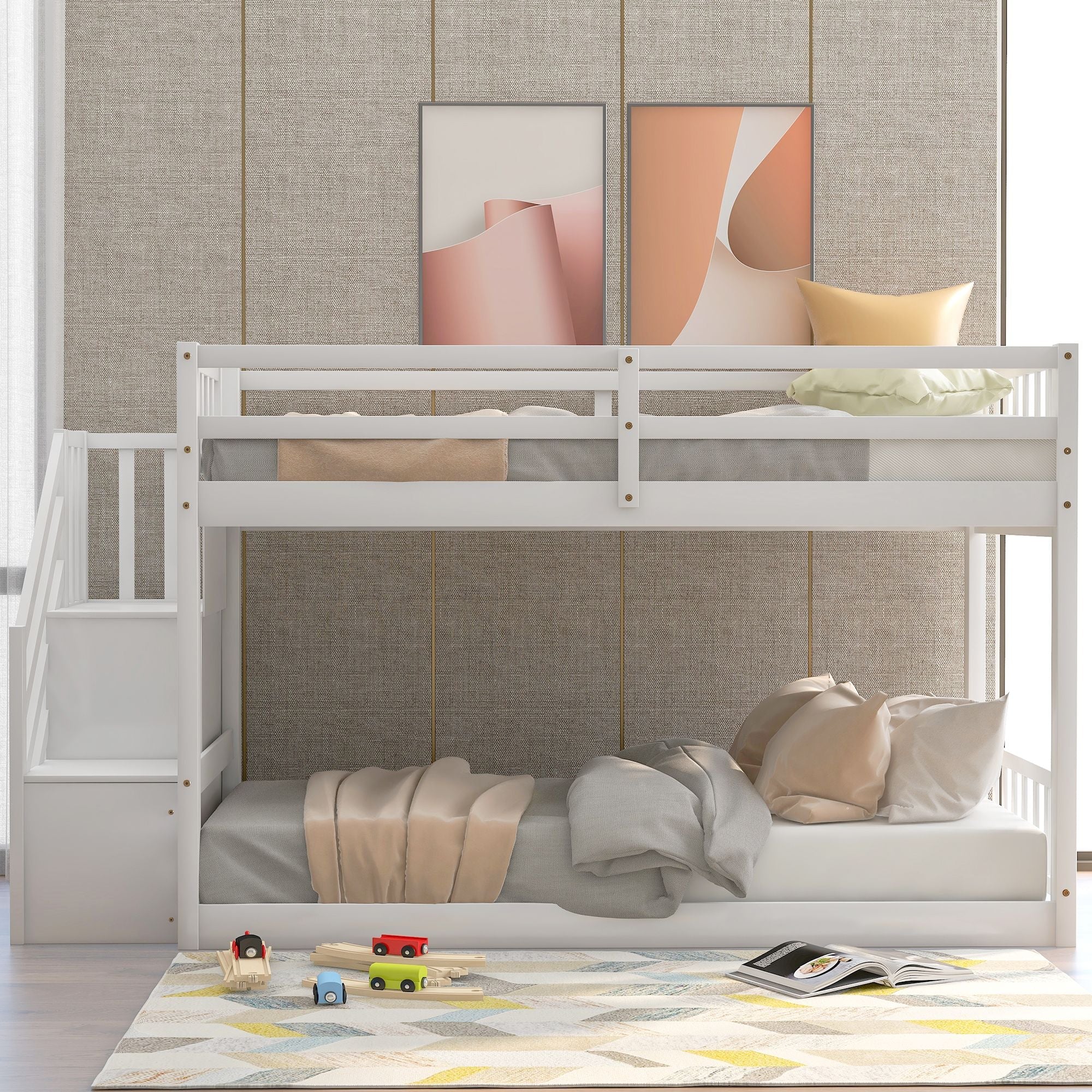 Safe Floor-Level Twin Over Twin Wood Bunk Bed with Ladder Storage, Gray or White | Just Better Bunk Beds