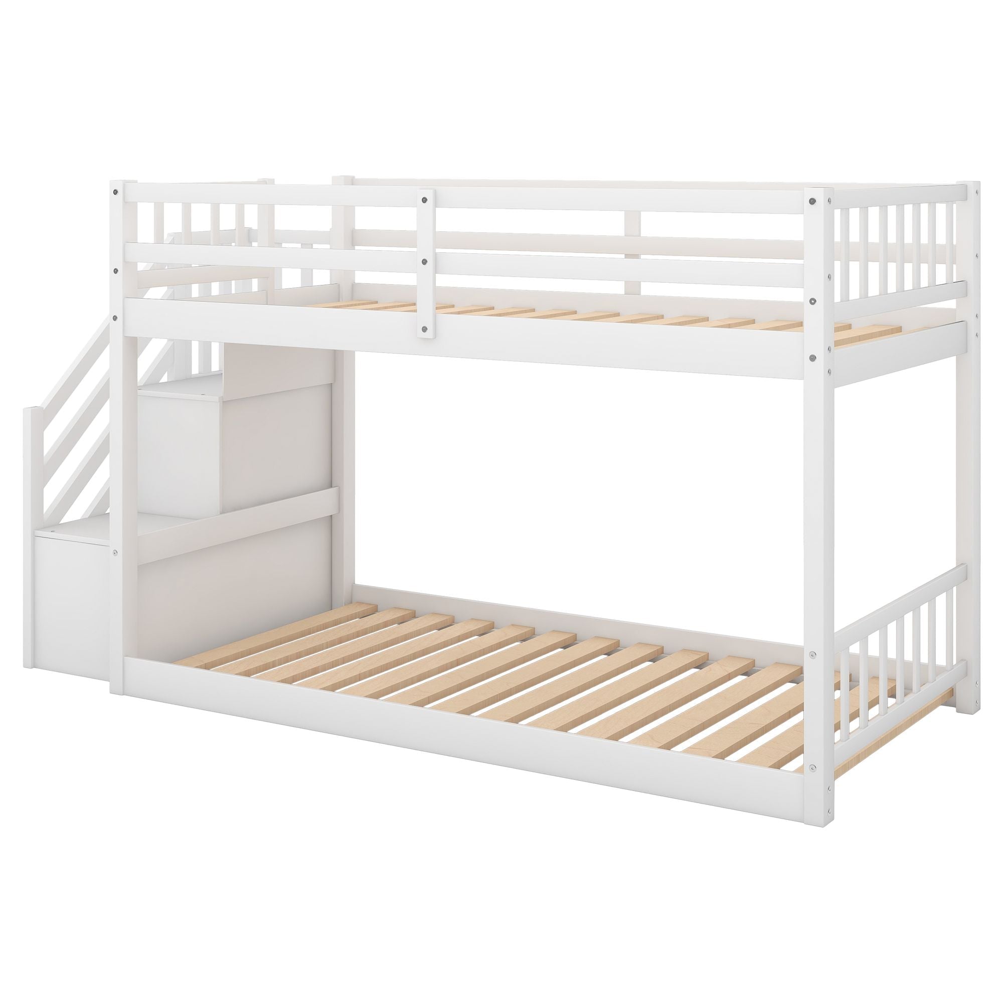 Safe Floor-Level Twin Over Twin Wood Bunk Bed with Ladder Storage, Gray or White | Just Better Bunk Beds