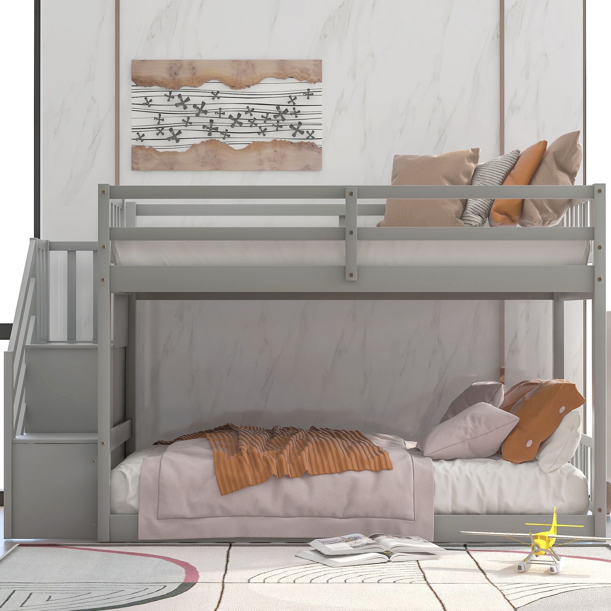 Safe Floor-Level Twin Over Twin Wood Bunk Bed with Ladder Storage, Gray or White | Just Better Bunk Beds