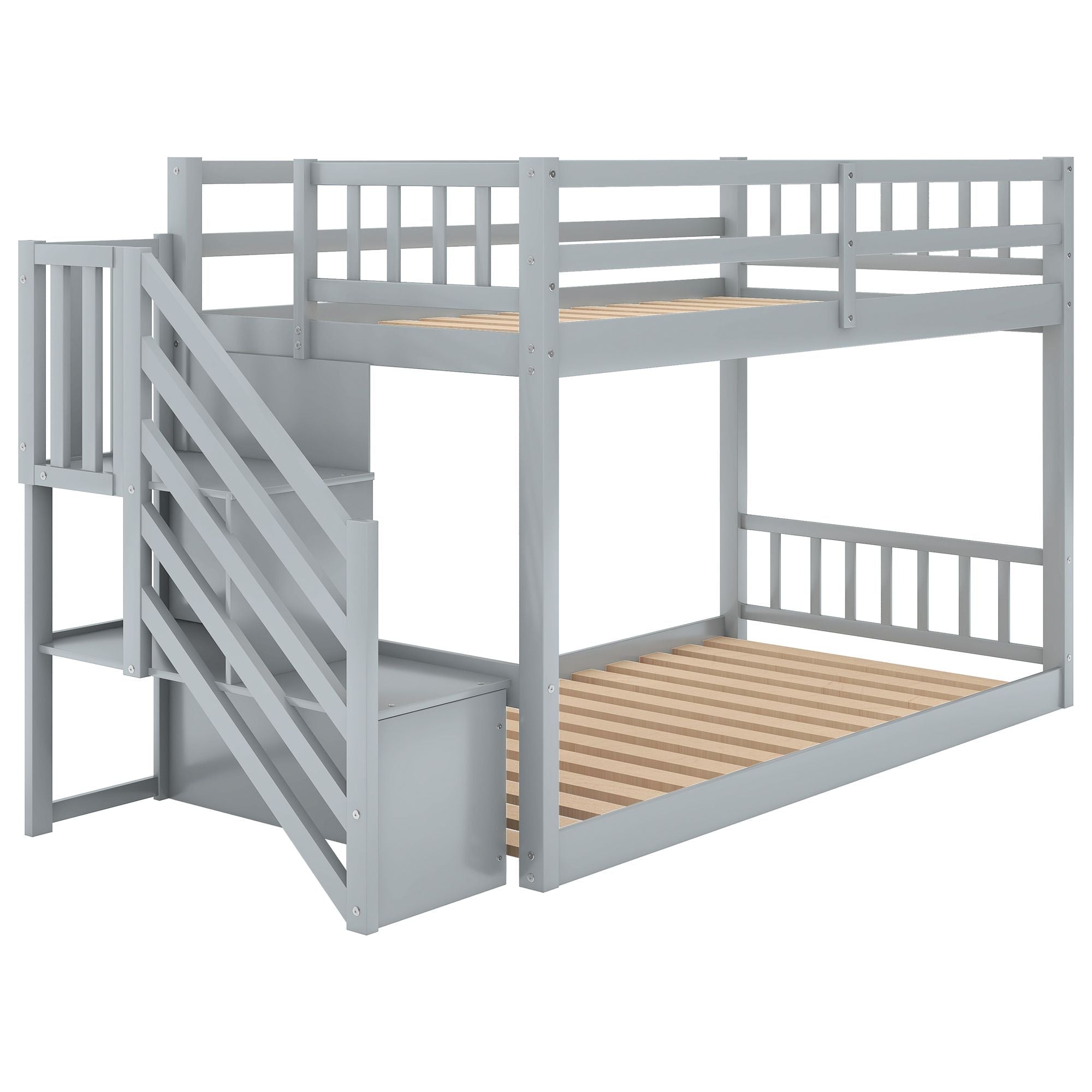 Safe Floor-Level Twin Over Twin Wood Bunk Bed with Ladder Storage, Gray or White | Just Better Bunk Beds