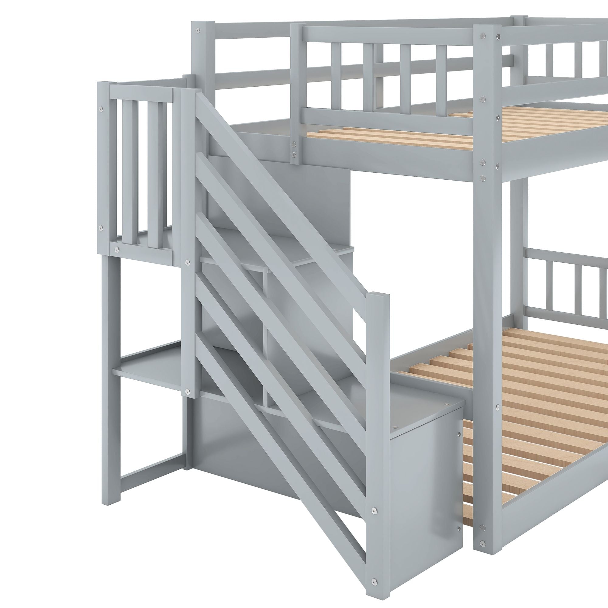 Safe Floor-Level Twin Over Twin Wood Bunk Bed with Ladder Storage, Gray or White | Just Better Bunk Beds