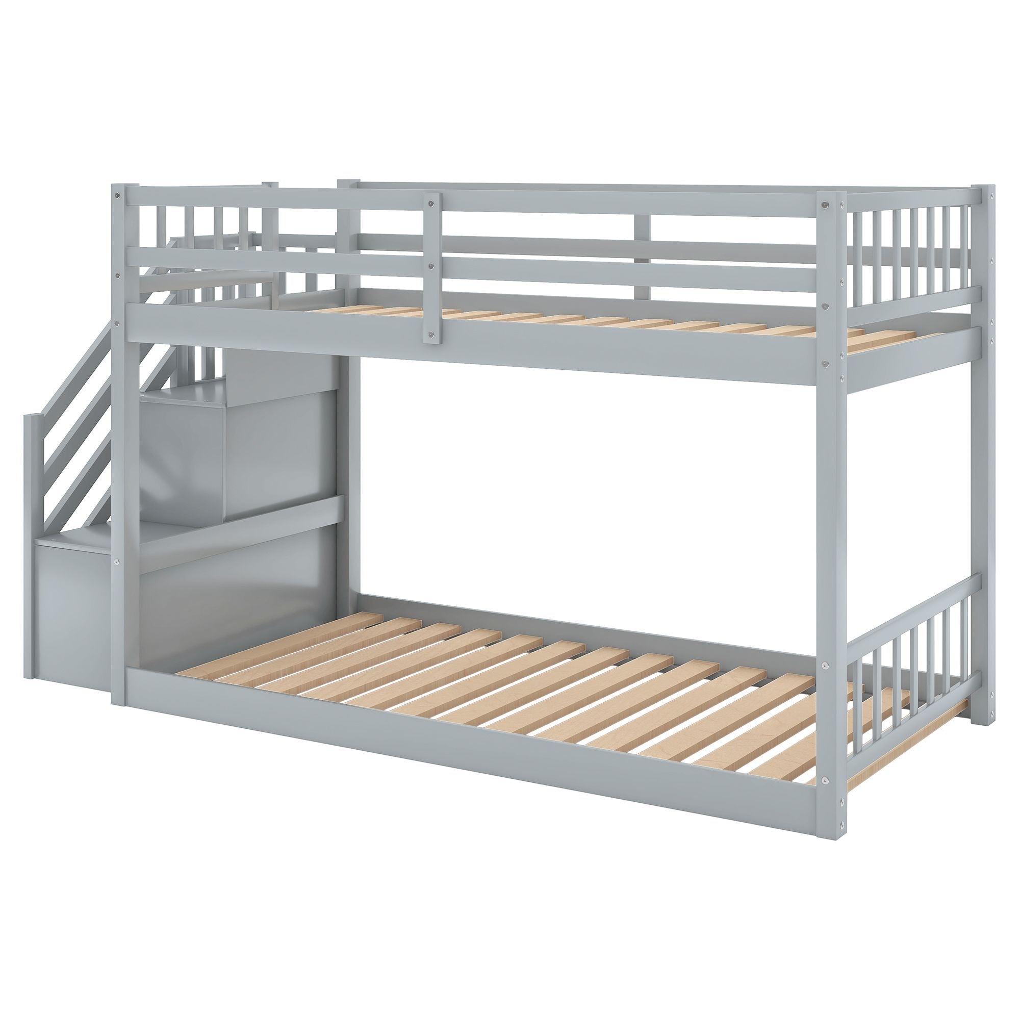 Safe Floor-Level Twin Over Twin Wood Bunk Bed with Ladder Storage, Gray or White | Just Better Bunk Beds